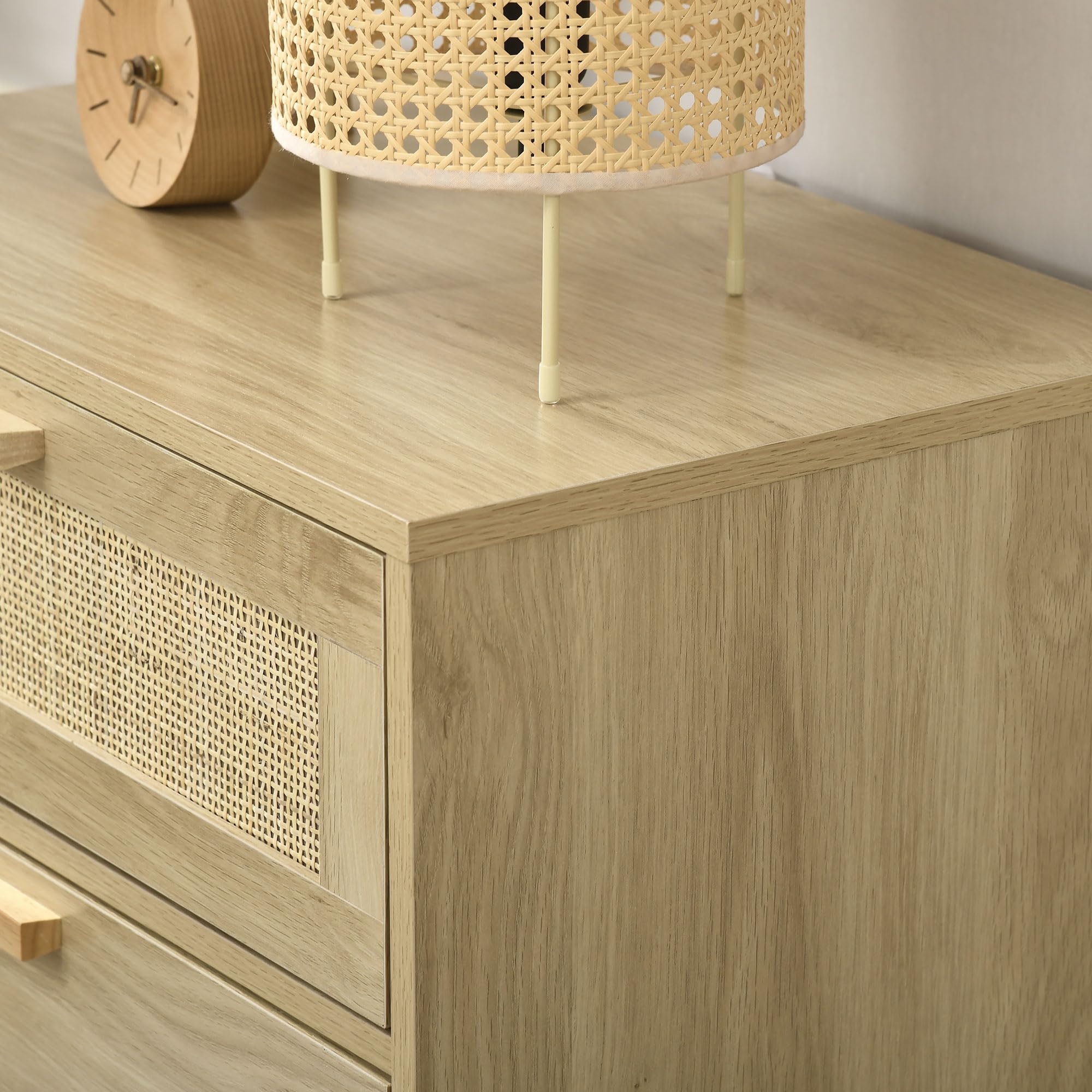 HOMCOM Cómoda de Noche con Cajones de Rejilla de Ratán Cómoda de Dormitorio Estilo Bohemio Antivuelco para Sala 60x38x69 cm Natural