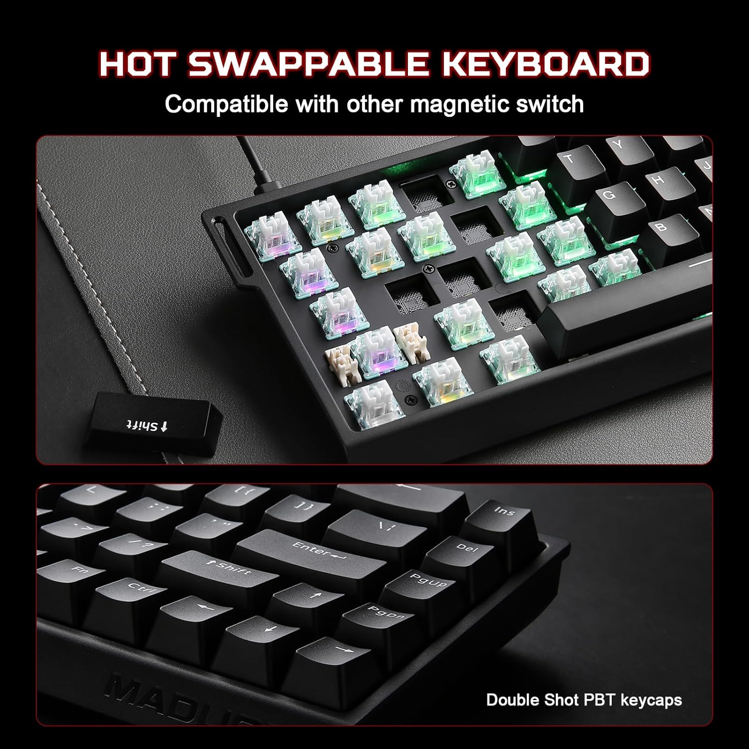 Image showing the YUNZII MAD68 HE keyboard, USB-C cable, keycap puller, and custom ribbon laid out on a dark surface.