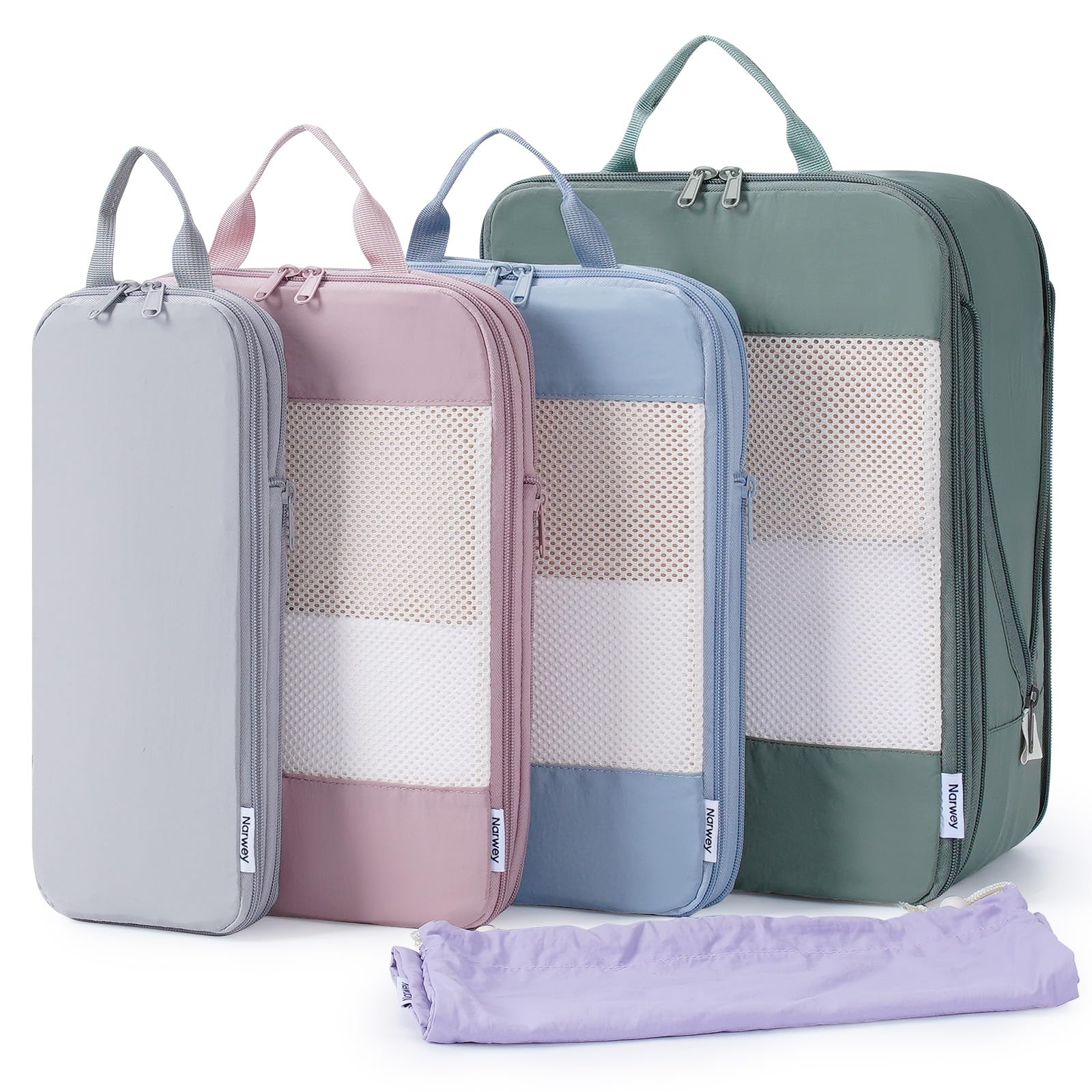 Narwey Organizer Valigia 5 Pezzi Set Packing Cubes Compression, Organizer Valigia Viaggio Compressione Salvaspazio, Viaggio Accessori Utili per Vestiti Scarpe Deposito (Combinati)