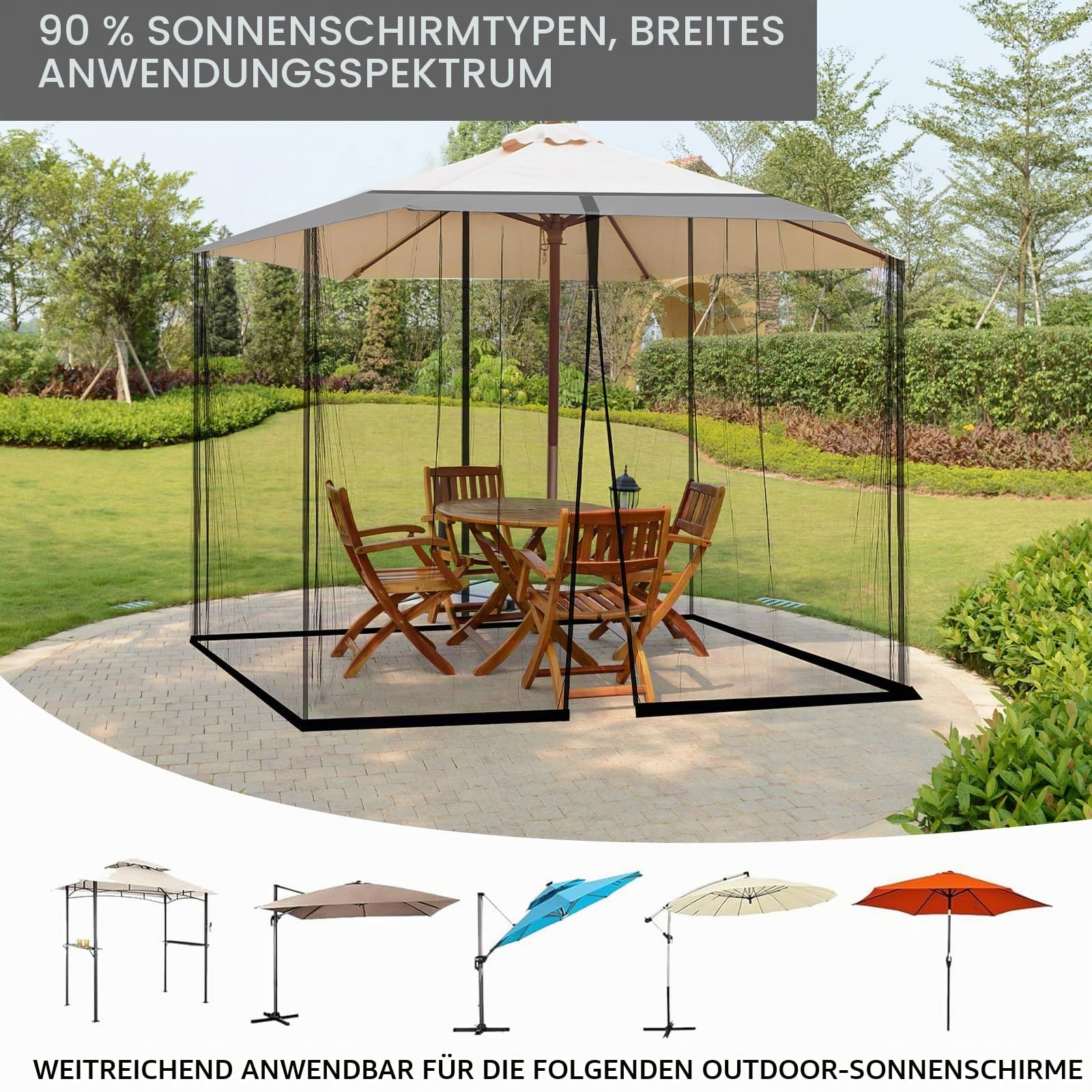 Pavillon Moskitonetz für Sonnenschirm, dellyy 300x300CM Fliegengitter Pavillon Quadrat mit Fliegengitter, für Terrassen, Decks, Rasenflächen und Balkone(Schwarz)