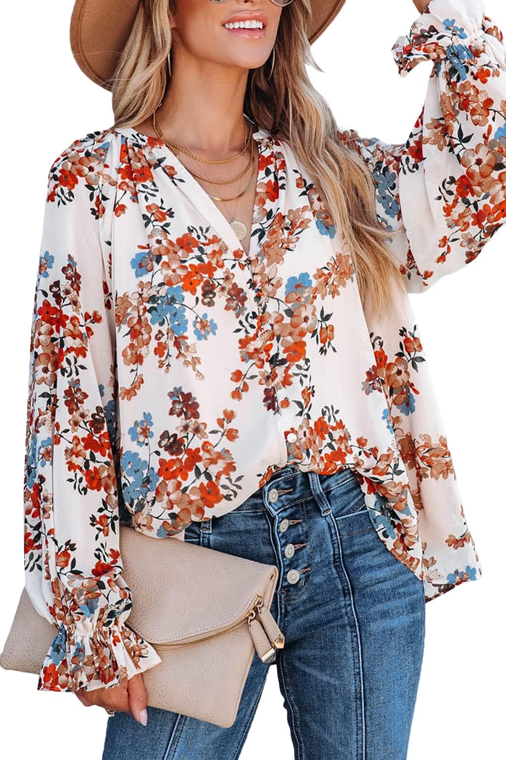 MLEBR Womens Blouses Spring Fashion Casual V Neck Long Sleeve Blouses Tops Floral Printed Flowy Tunics Tops for Women White S - Image 3