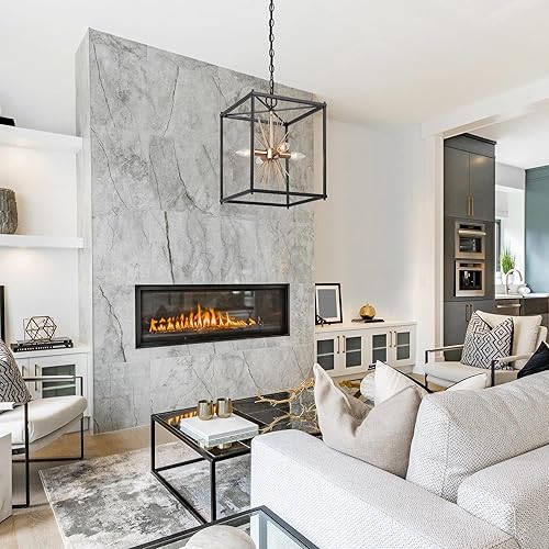 Miniatura 4 de Candelabros modernos negros y dorados, 4 luces colgantes cuadradas con diseño de explosión de estrellas para comedor, cocina, dormitorio, vestíbulo