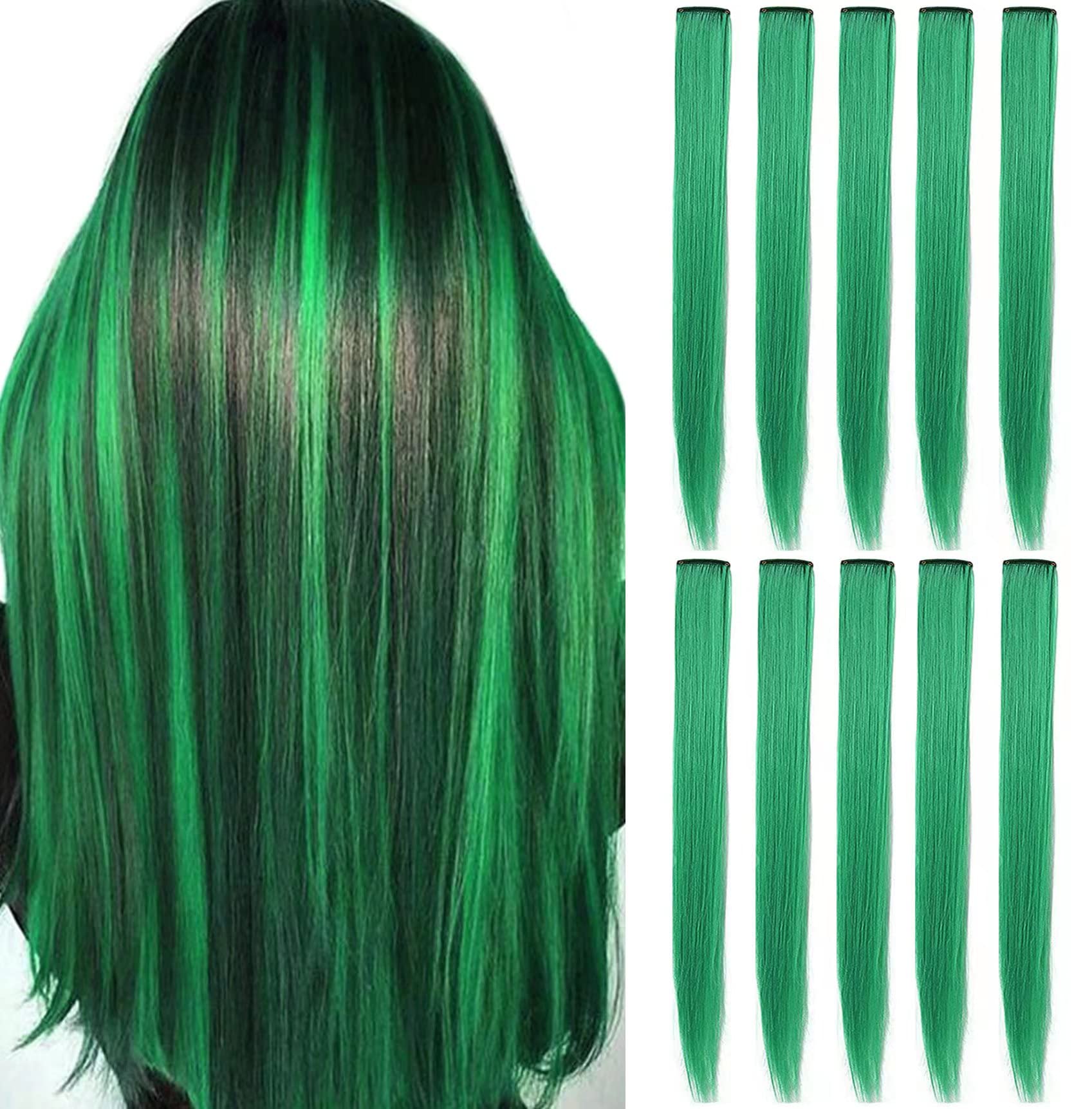 Colored Hair Extensions 20 Inch colored Wig Heat-Resistant Straight Highlight Hairpieces Cospaly Fashion Party Gift for Girls 9 PCS(Green)