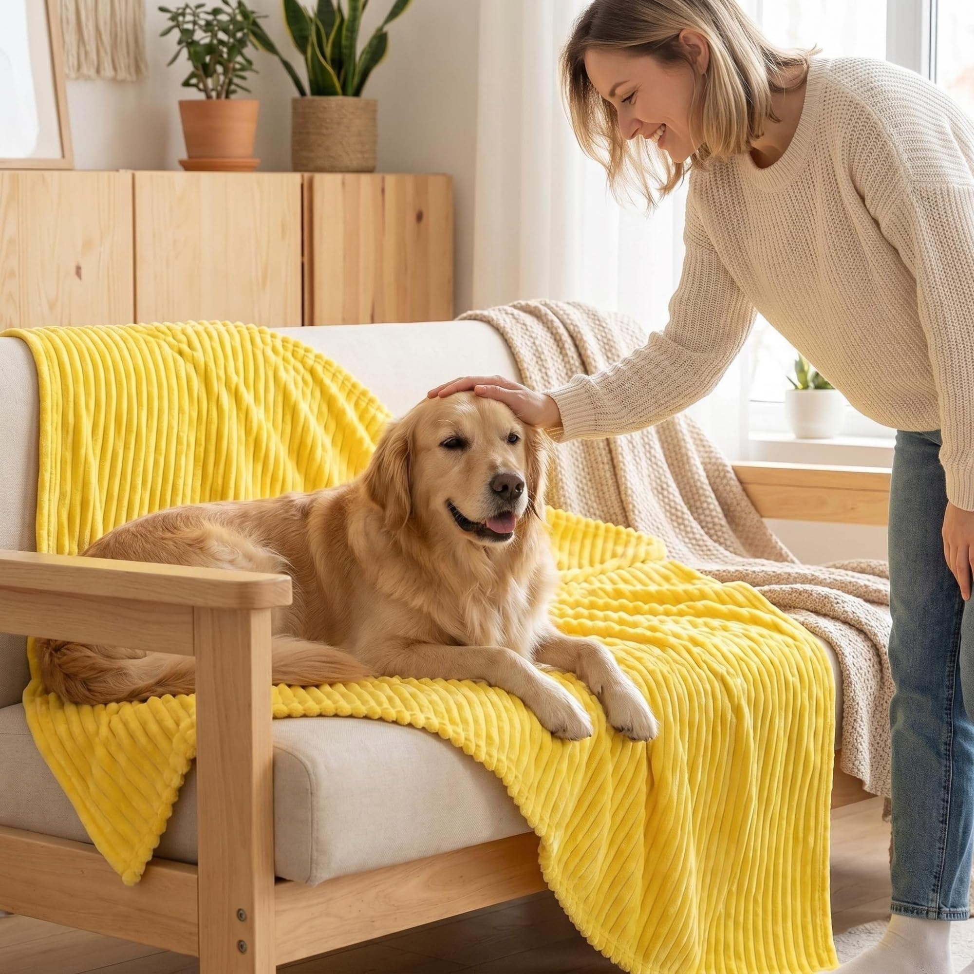Coperta di supporto emotiva giallo per cani calmante sicurezza coperta ondulata 1,5 cm in pelliccia di coniglio sintetica in poliestere per interni ed esterni (rosa, 150 x 200 cm)