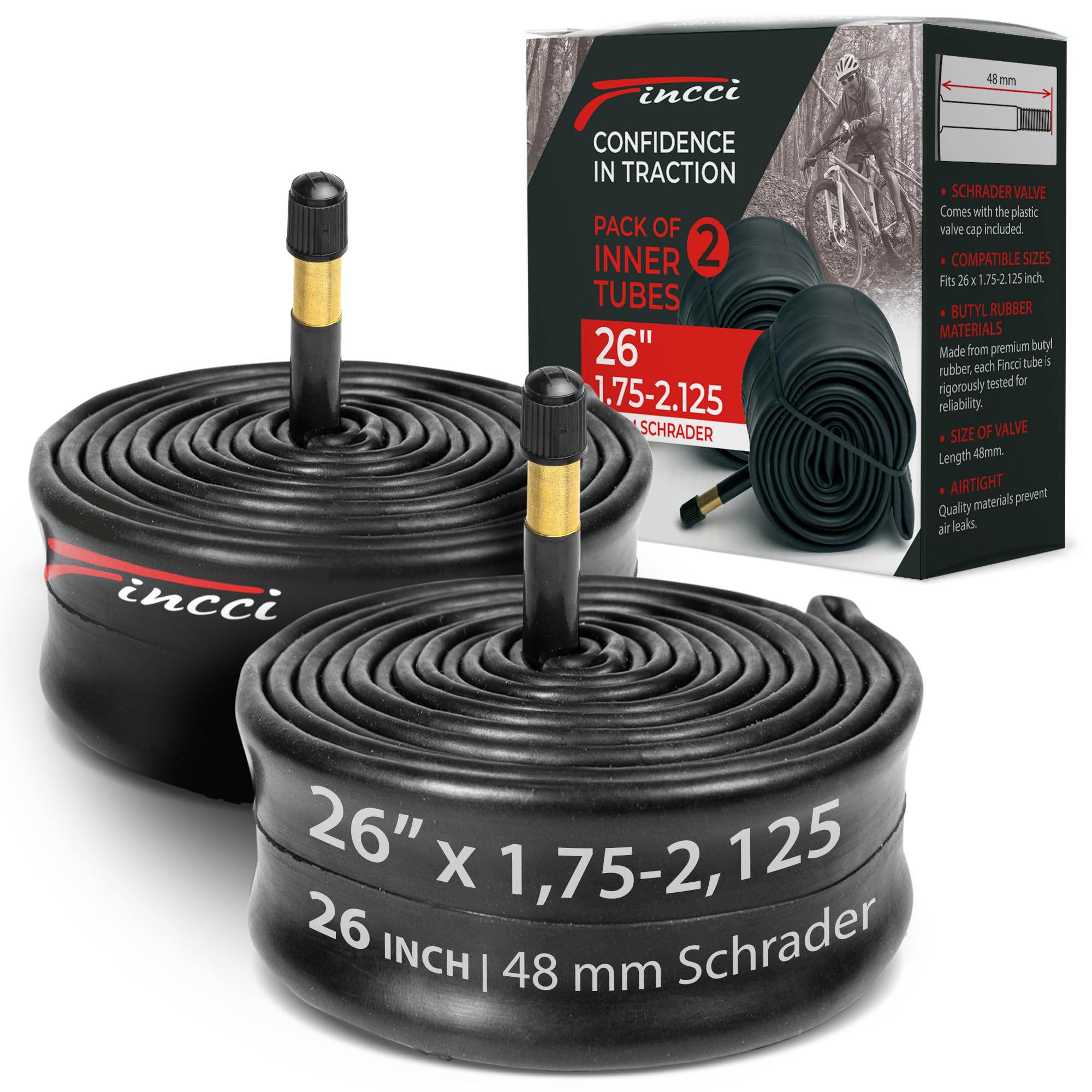 Fincci Inner Tubes 26 inch - Pair Bike Inner Tube 26 x 1.75 x 1.95 x 2.0 x 2.125 with 48 mm Schrader Valve - Pack of 2 Bike Accessories for MTB, Mountain, Road, Hybrid & Electric Bicycles