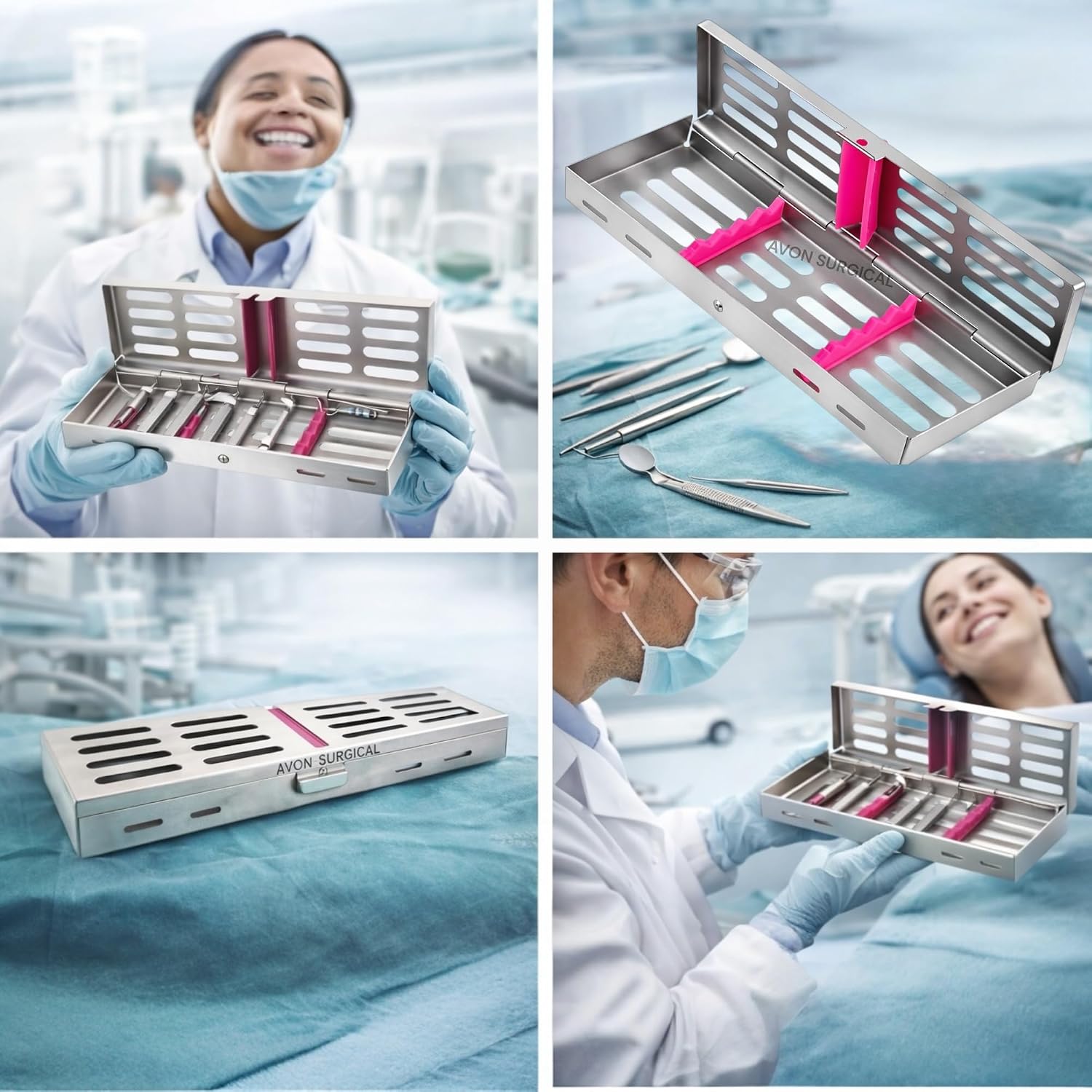 1 Each Dental Sterilization Cassette Rack Tray – Medical Grade Stainless Steel Autoclavable Organizer Box for 5 Dental Instruments with Silicone Pink Holders & Locking Lid