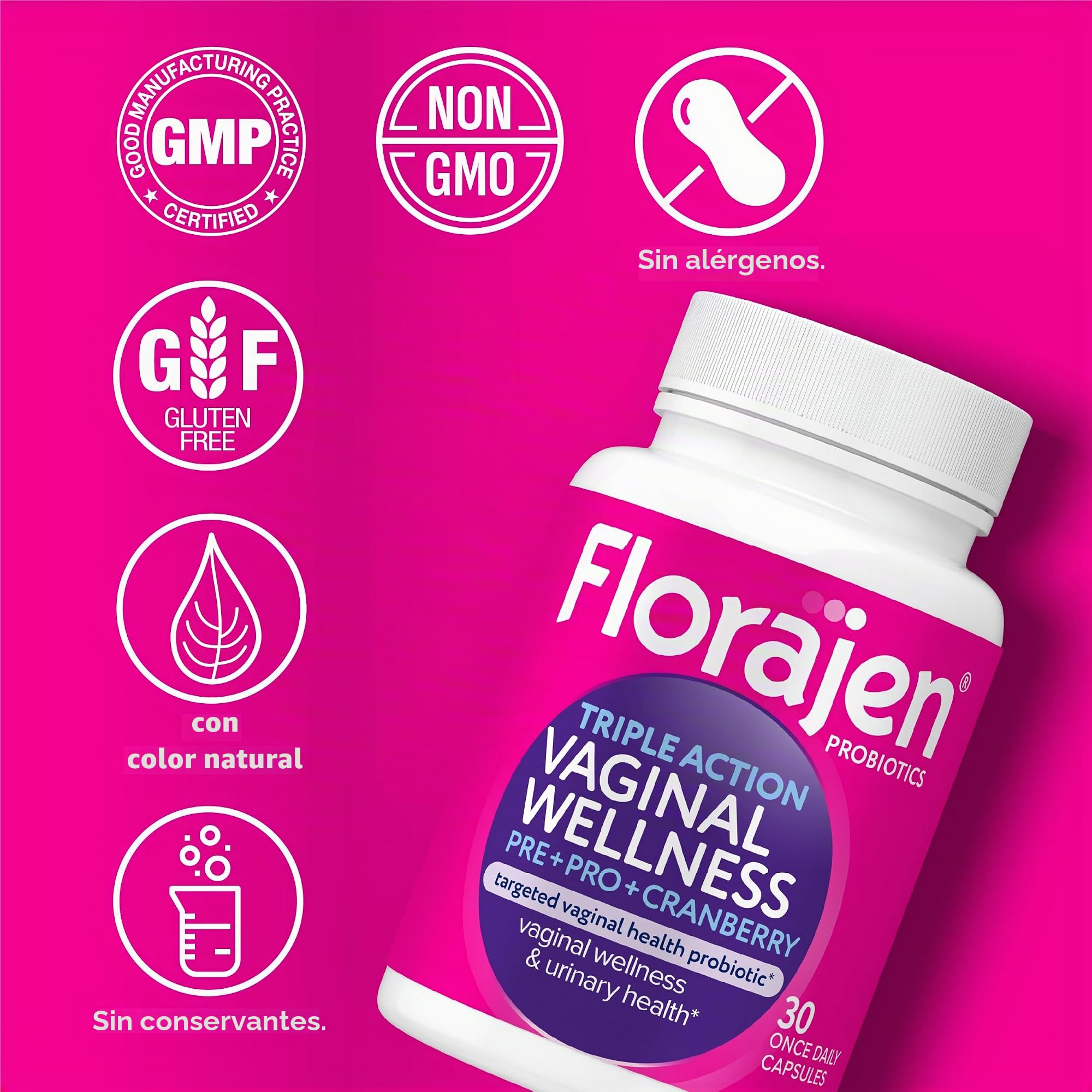 Florajen Probiótico de triple acción para mujer, prebiótico + probiótico + arándano para apoyo vaginal, digestivo e inmunológico, acción rápida, estudiado clínicamente, sin gluten y vegano, (30