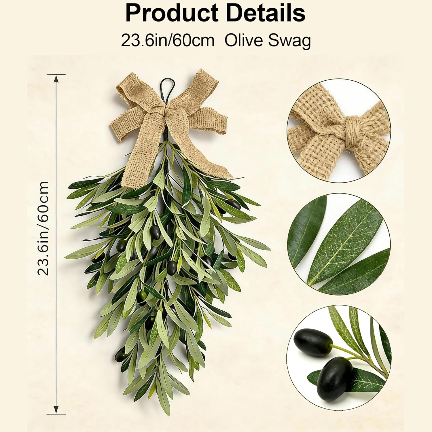 Spring Olive Branch Teardrop Swag, Extra Full & Thick Faux Greenery with Upgraded Ribbon & Textured Leaves