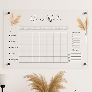 EmiliaLotte Personalisierter Familienplaner aus hochwertigem Acryl I Abwischbarer Wand Kalender für die ganze Familie I Wiederverwendbarer Wochenplaner mit Einkaufsliste, Menüplan & Mehr - Boho