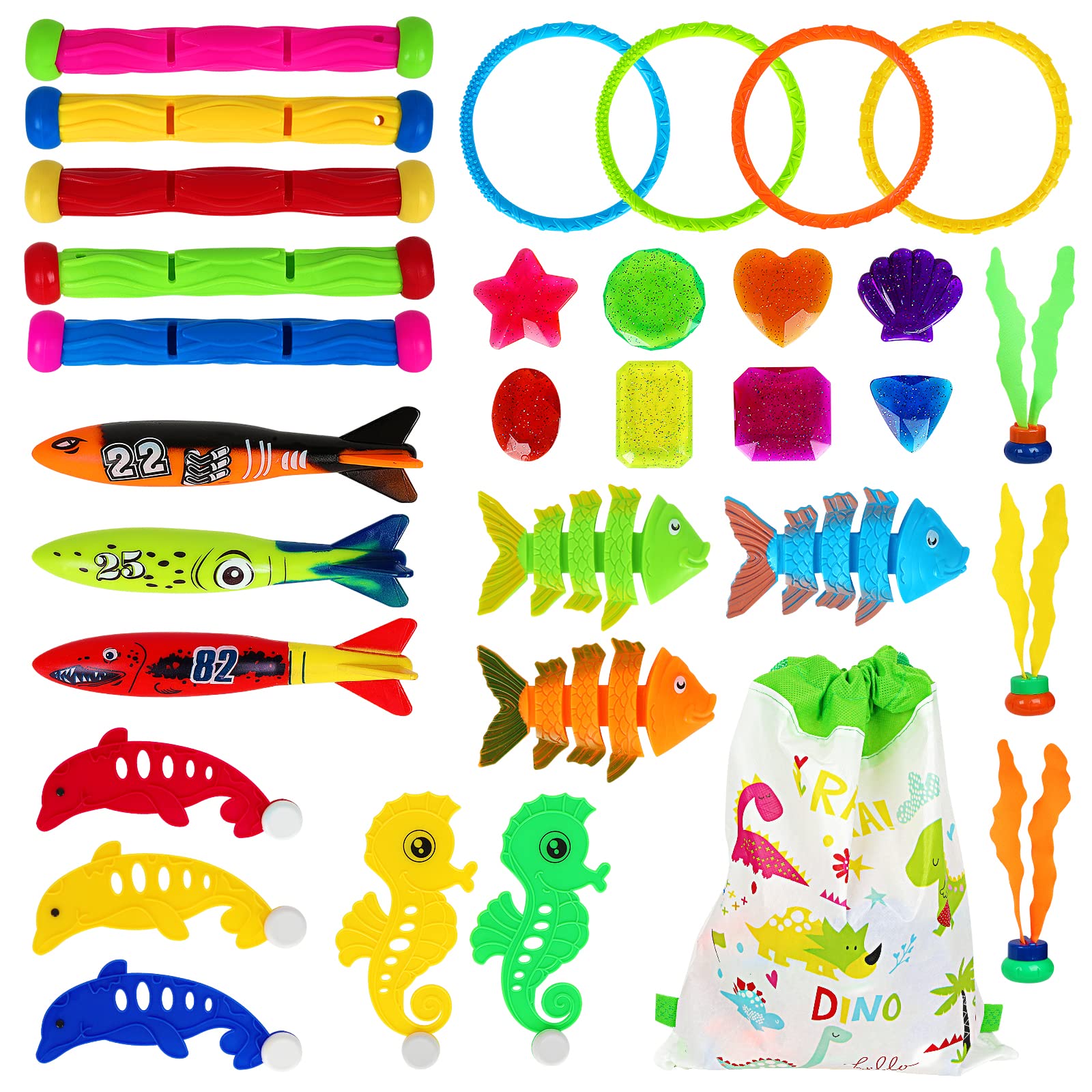 Applysu Juguetes de Buceo,Juguetes para Nadar Bajo el Agua Conjunto Juguetes Piscina para Niños con Mochila con cordón Tiburón Delfines Algas Marinas Joya etc.