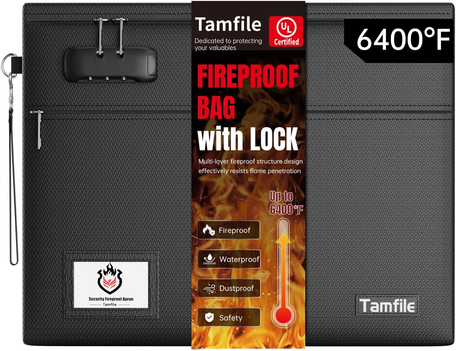 6400℉ Fireproof Document Bag with Lock, 15 x 12 inch Fireproof Money Bag 2 pockets with Zipper for Cash, Fire Safe Money Pouch Zipper for Important File,Valuables, Keys, Passports (Black)