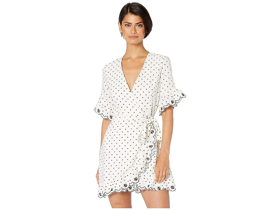 

WAYF Hatty Ruffle Wrap Mini Dress (Ivory Polka Dot Embroidery) Women's Dress, White