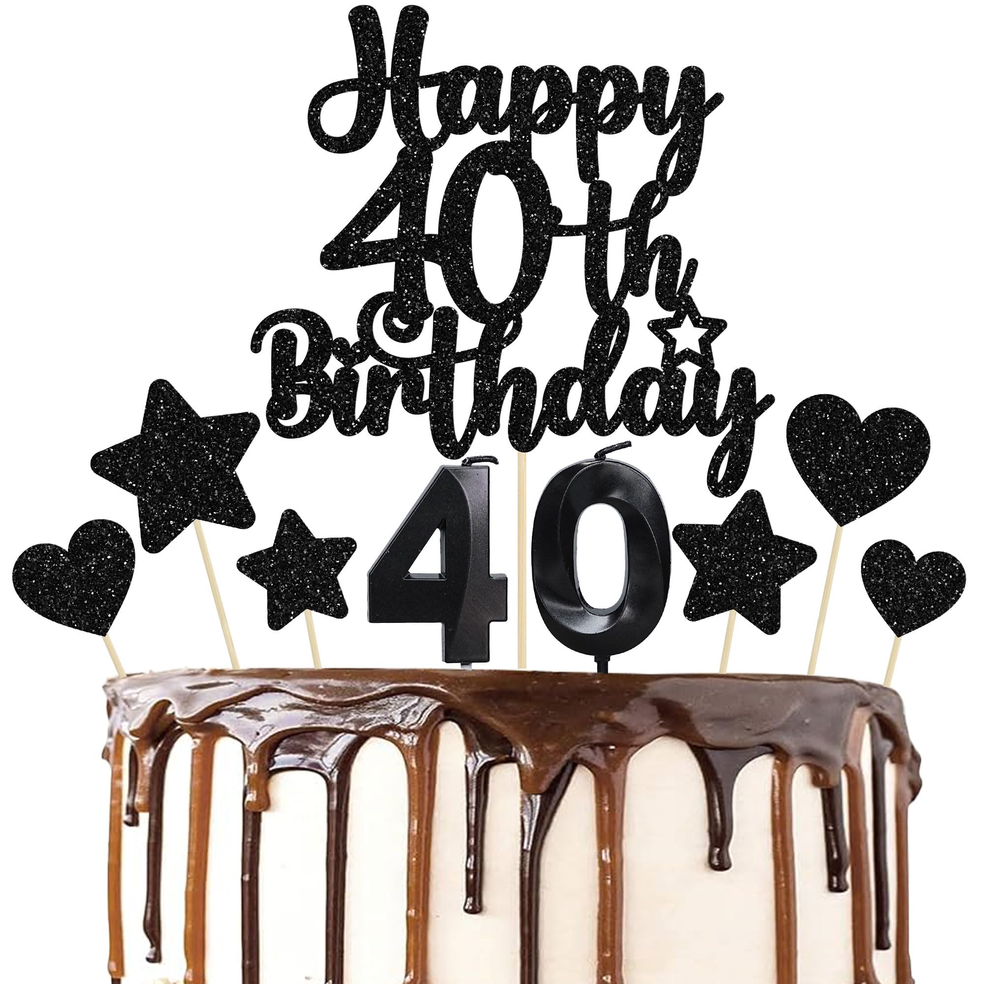 Gyufise 15Pcs Happy 40th Birthday Cake Topper Set with Heart Star Glitter Cheers to 40 Years Cake Picks Number 40 Candles Cake Decorations for Happy 40th Birthday Anniversary Party Supplies Black