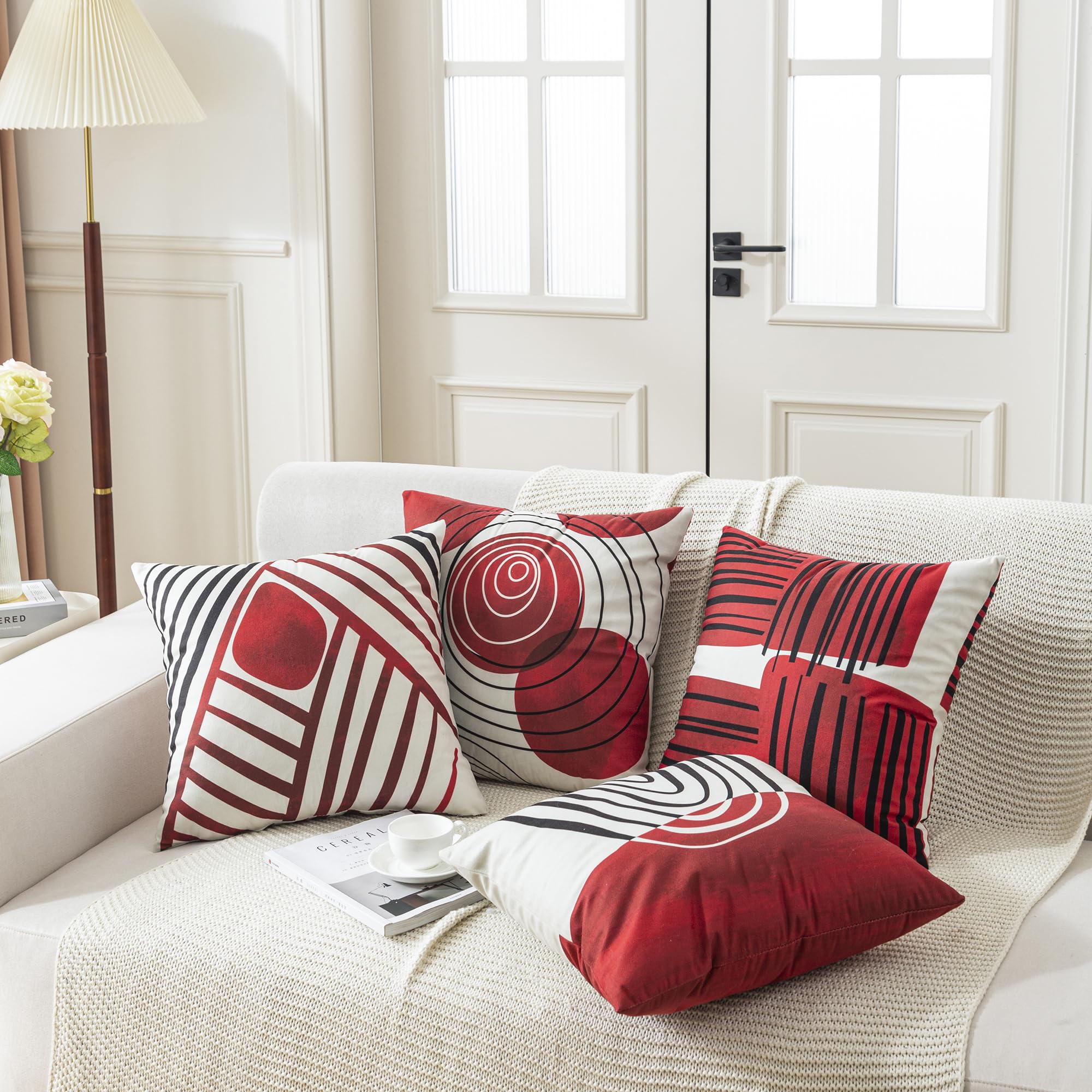 TOMMO Set of 4 Cushion Covers 45x45cm Mid Century Bohemian Red Black Abstract Geometric Decorative Pillow Cases Home Decor Standard Square 18x18 Inches - Image 4