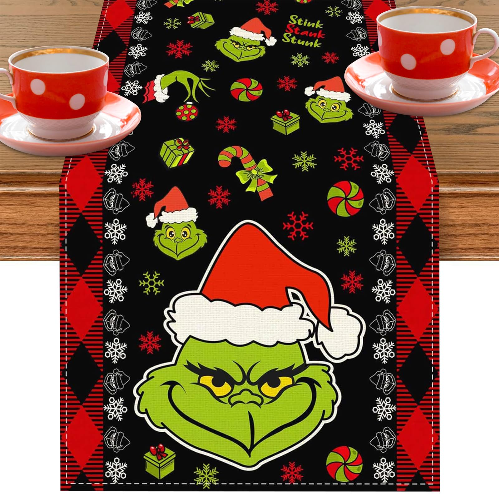 GreenYeah Camino de Mesa Navideño, Camino de Mesa de Lino Rojo Negro Navidad, Decoración Mesa Navidad, Moderno Invierno para Mesa de Comedor para Navidad, Vacaciones, Fiesta 40 x 180CM (A)