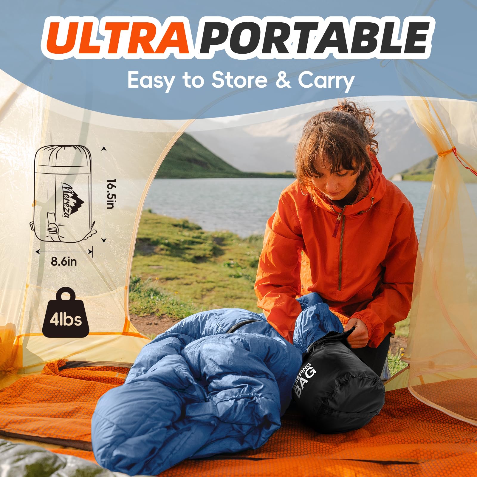 MEREZA Sacos de dormir de camping para adultos y hombres, 4 estaciones, para clima cálido y frío, saco de dormir ligero con saco de compresión, color azul Yale