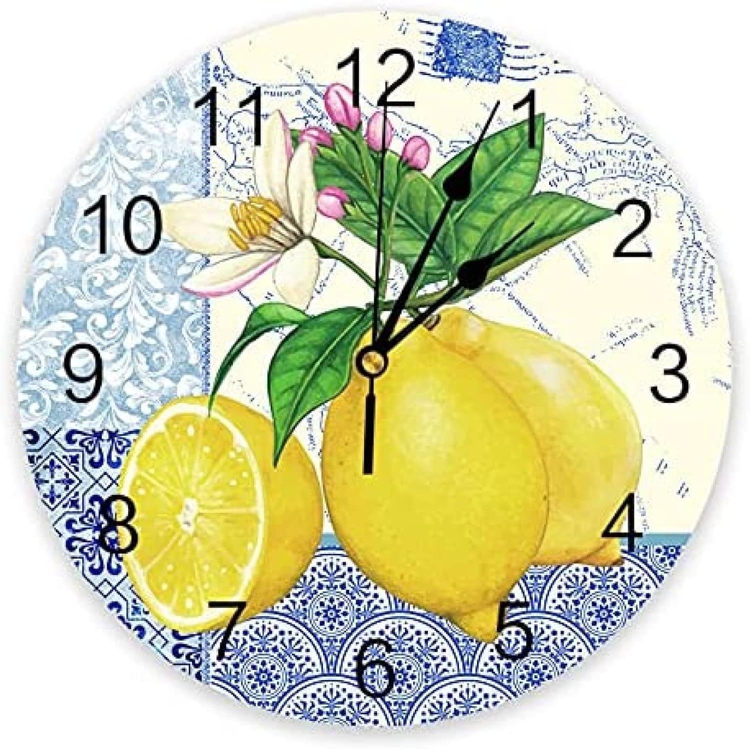 Wall Clock Bathroom Clock Blue and White Porcelain Texture Map Lemon Wall Clock