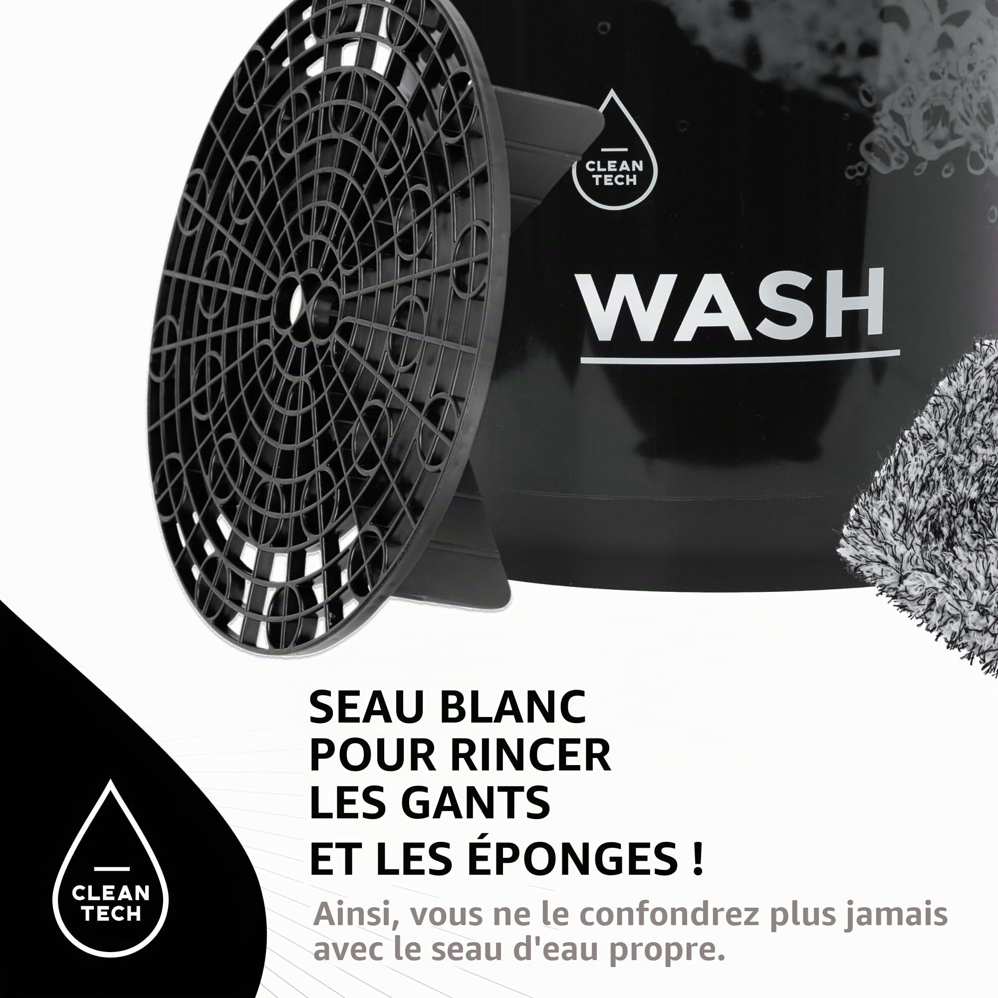 Cleantech Kit de lavage de voiture : seau de lavage de 20 litres avec tamis à saleté + gant de lavage – Parfait pour un nettoyage efficace et respectueux de la peinture