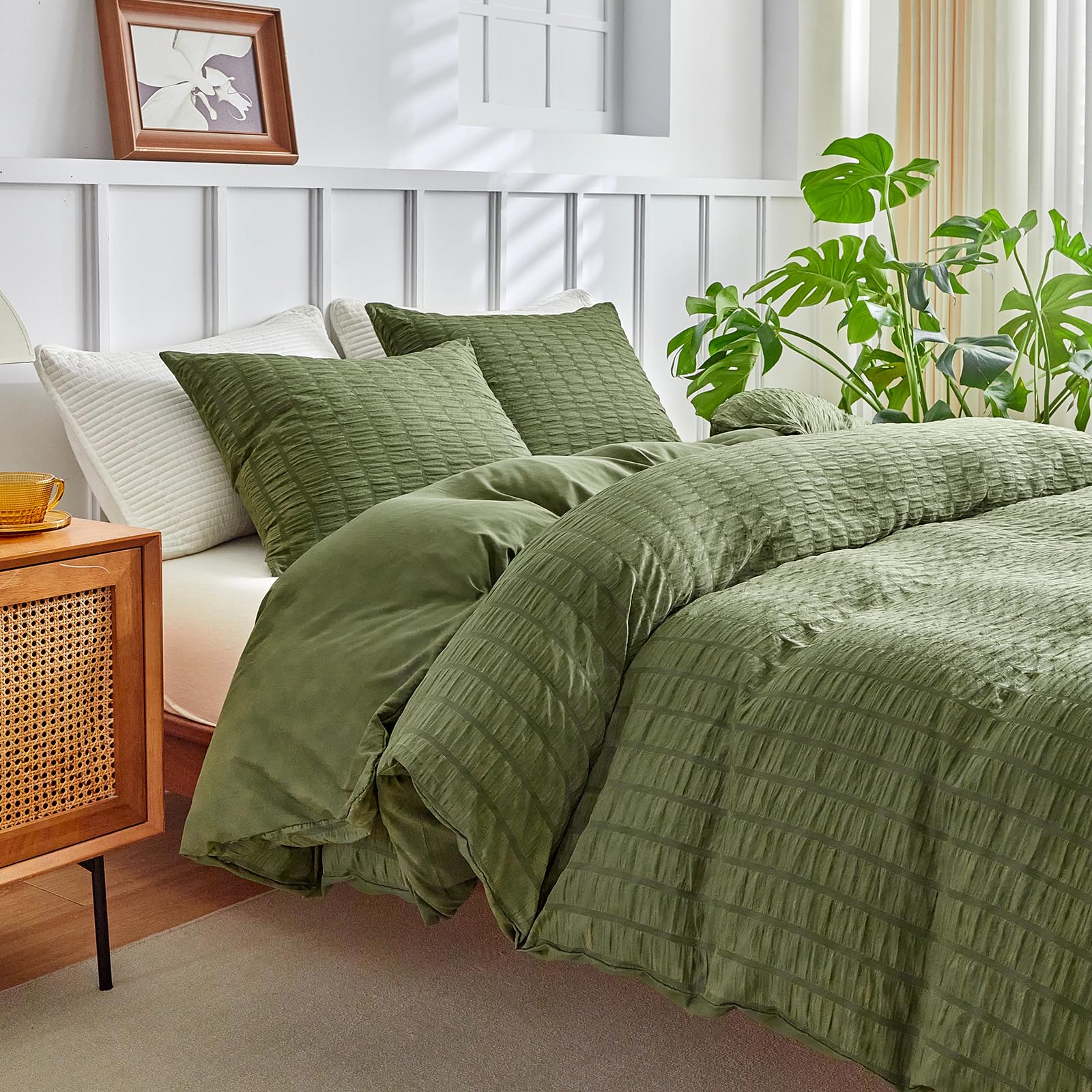 DuShow Olive Green Duvet Cover Double,3 Pieces Seersucker Bedding Set,Textured Duvet Set including 2 Pillowcases for Double Bed Soft Microfiber Duvet Cover Set 200x200 cm,Green - Image 2