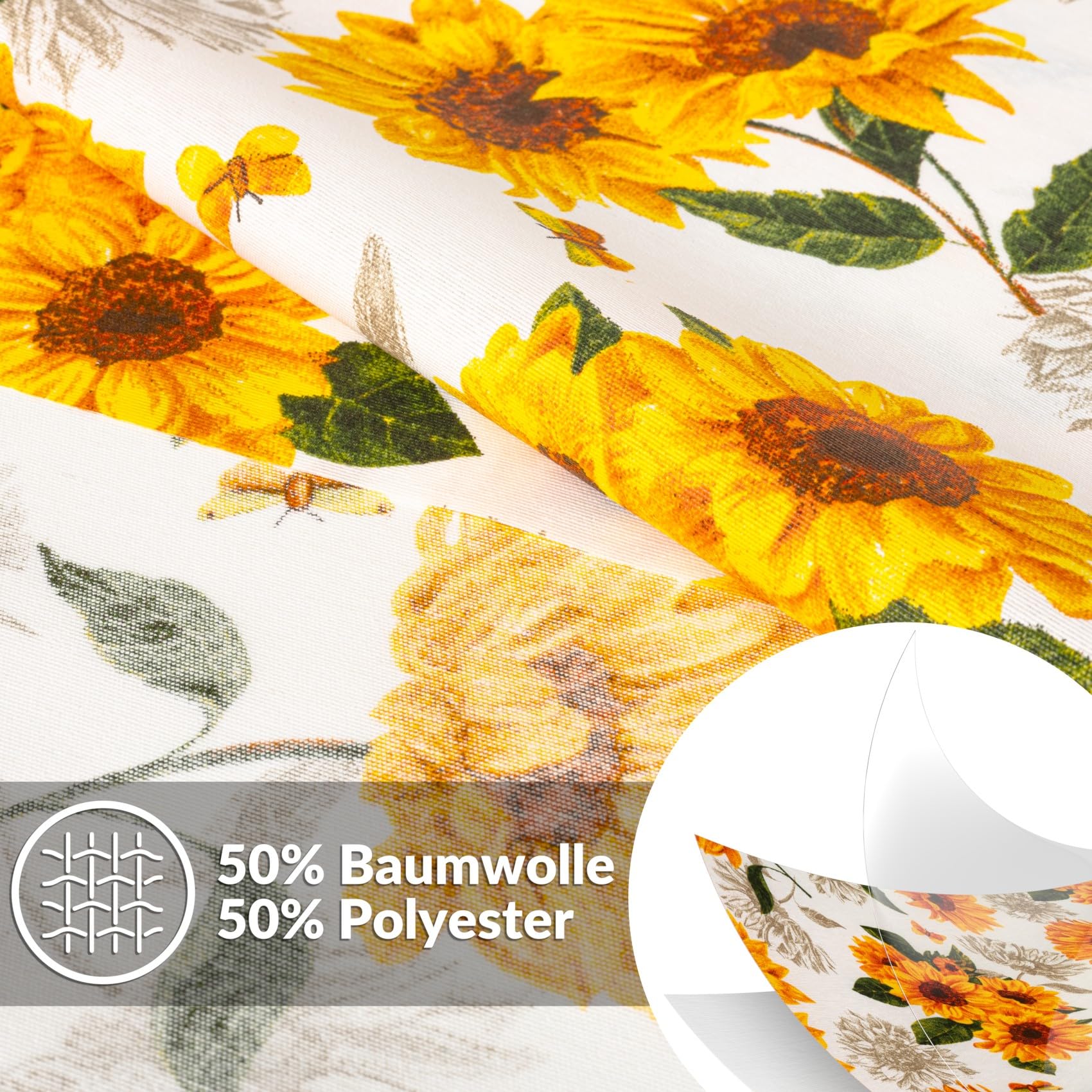 Mantel lavable, fácil de limpiar, de algodón, poliéster, antimanchas, para jardín, diseño de girasoles, 260 x 140 cm, para interior y exterior