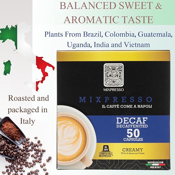 Nespresso Capsules (Compatible) - Coffee from Italy - by Mixpresso (50 Capsules, Classe: Medium) Bundle With Coffee Decaf Espresso Capsules Single Cup Coffee Pods 100% from Italy, Dark Roast 80% Arabi