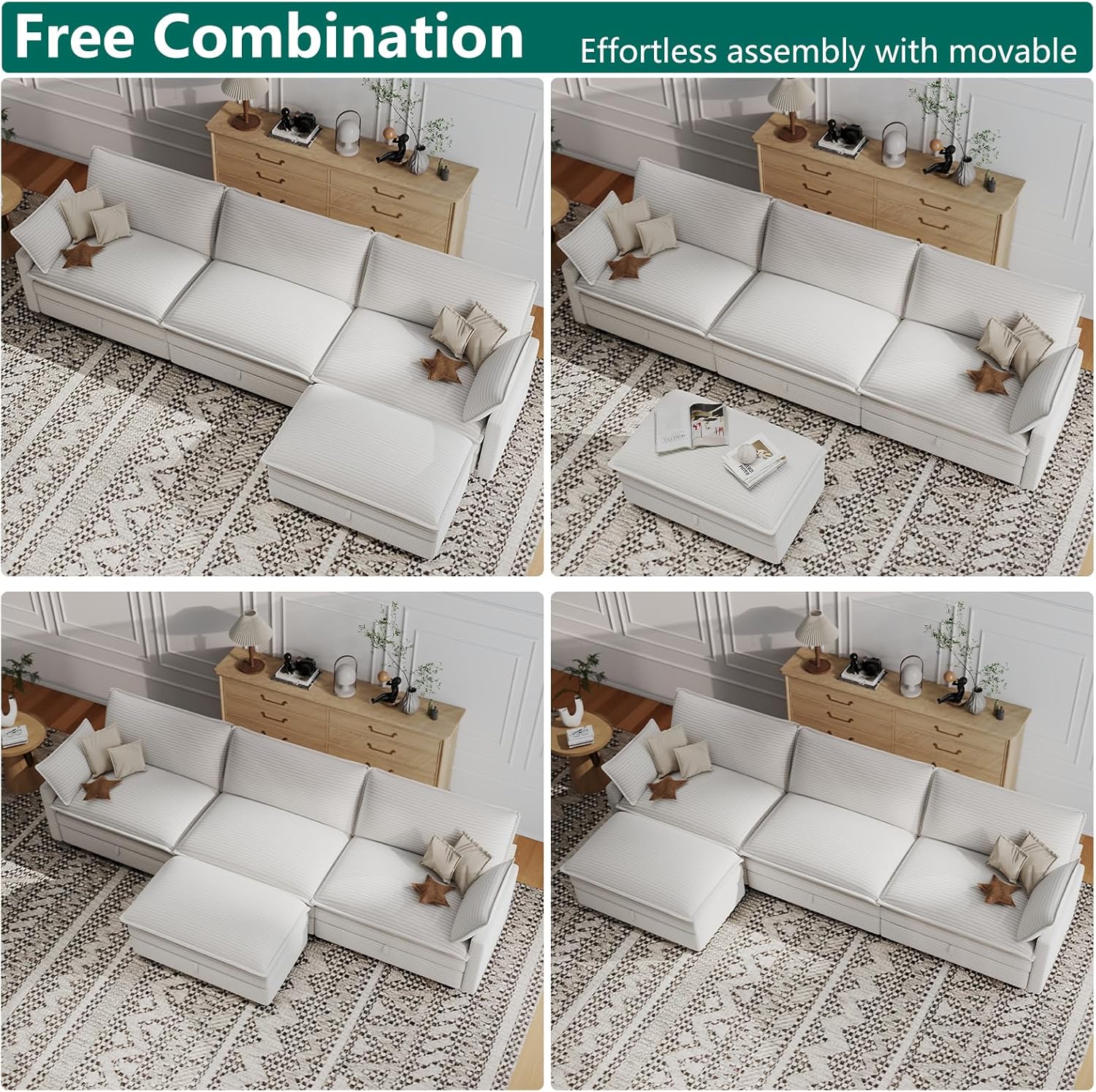 Modular Sectional L Shaped Sofa Couches with Storage Ottoman, Cloud Couch for Living Room, Comfy Sofa with Pillow, White