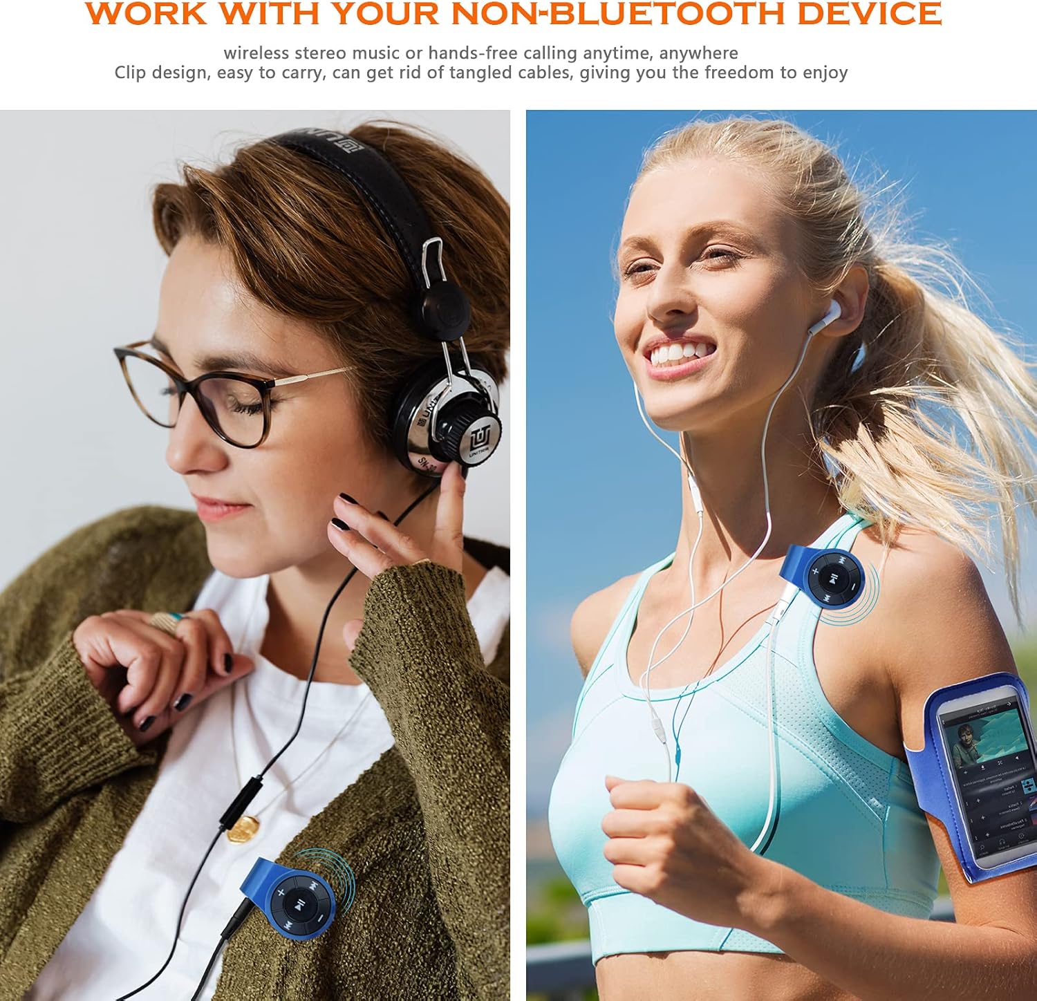 Two individuals using the bluebyte Bluetooth receiver with wired headphones during daily activities