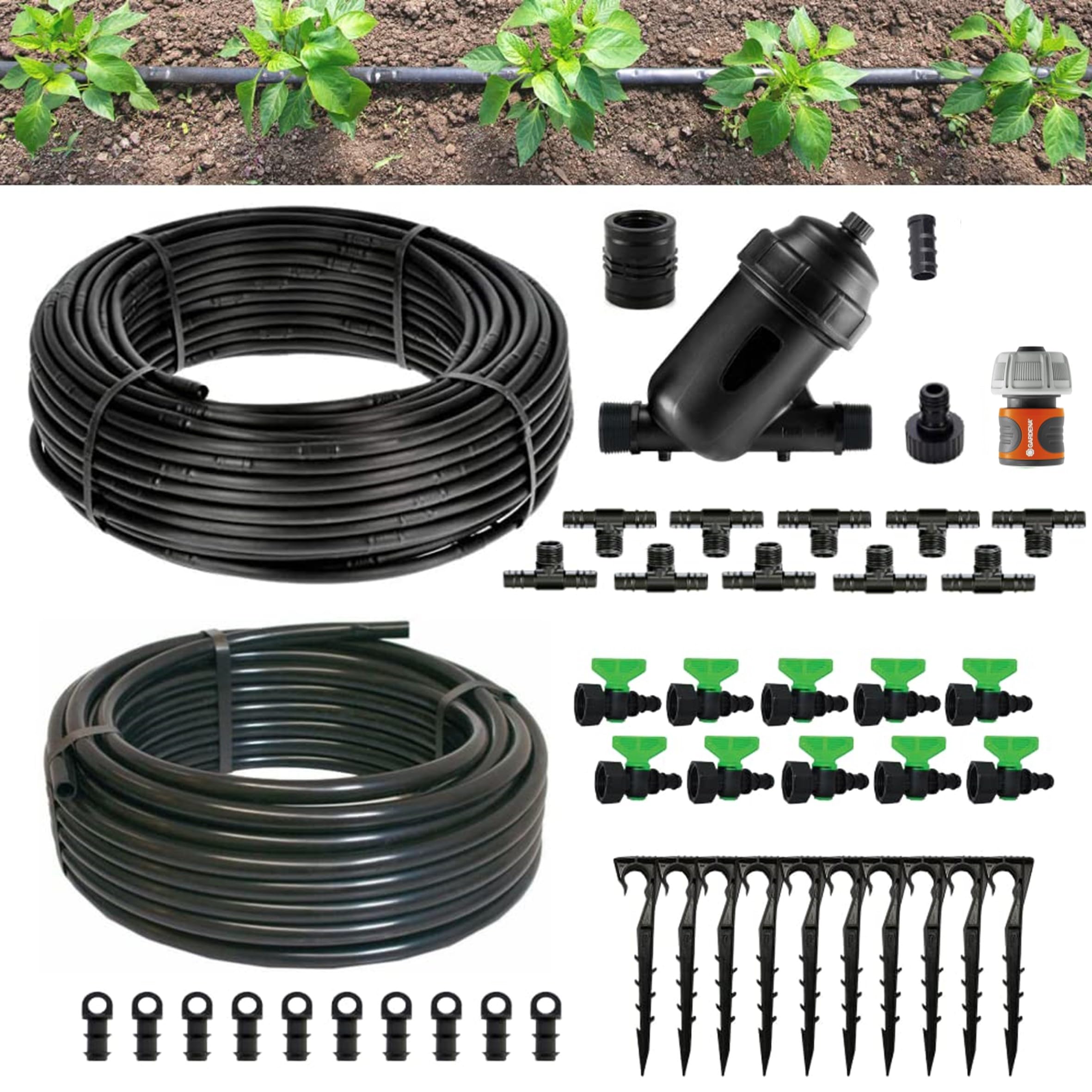 Kit Irrigazione Orto Ala Gocciolante per 100 Mq distanza goccia ogni 30 Cm Impianto Completo raccordi e Filtro Per Giardino e Orto