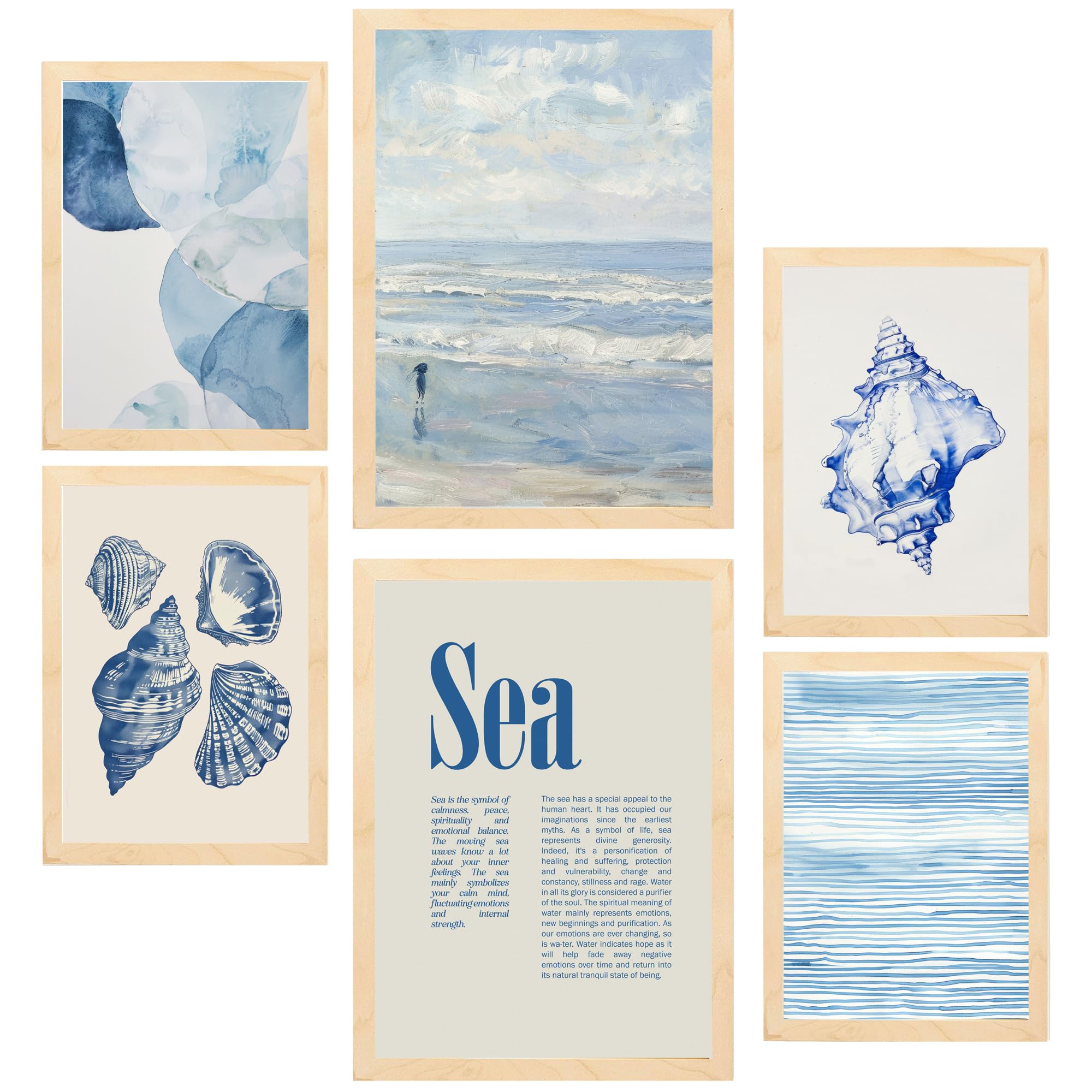 Nacnic Set de 6 Cuadros Ilustraciones Marino, azul, mar y verano ilustración de diseño para decorar las paredes del hogar. Habitación A3 y A4 Marco madera clara