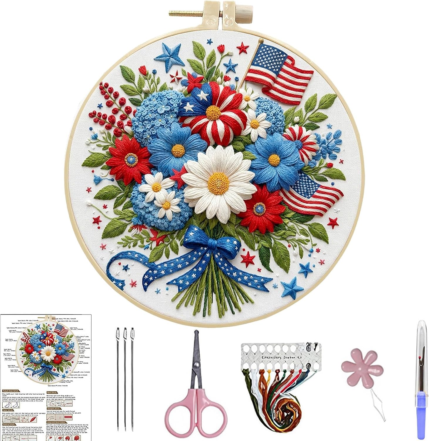 ARTopet Embroidery Kit for Beginners Cross Stitch Kits Independence Day Needlepoint Set for Craft Lover Hand Stitch with Threads 7.87in Hoop Fabric-Bouquet