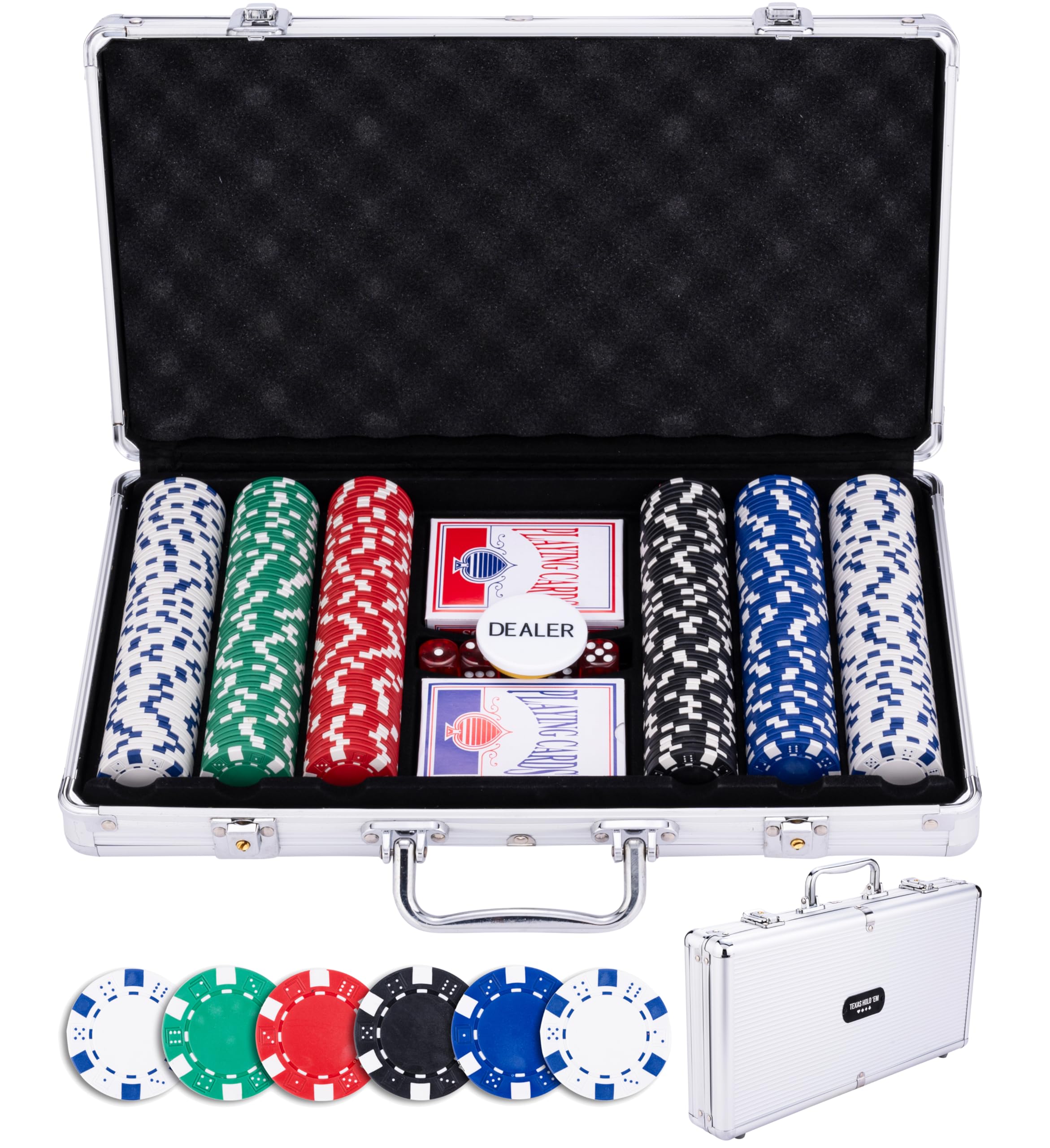 Engelhart - 320910 - Set Da Poker - Valigetta In Metallo Argentato Con 300 Gettoni (11,5 G), 2 Set Di Carte, 3 Bottoni Da Croupier, 5 Dadi-image