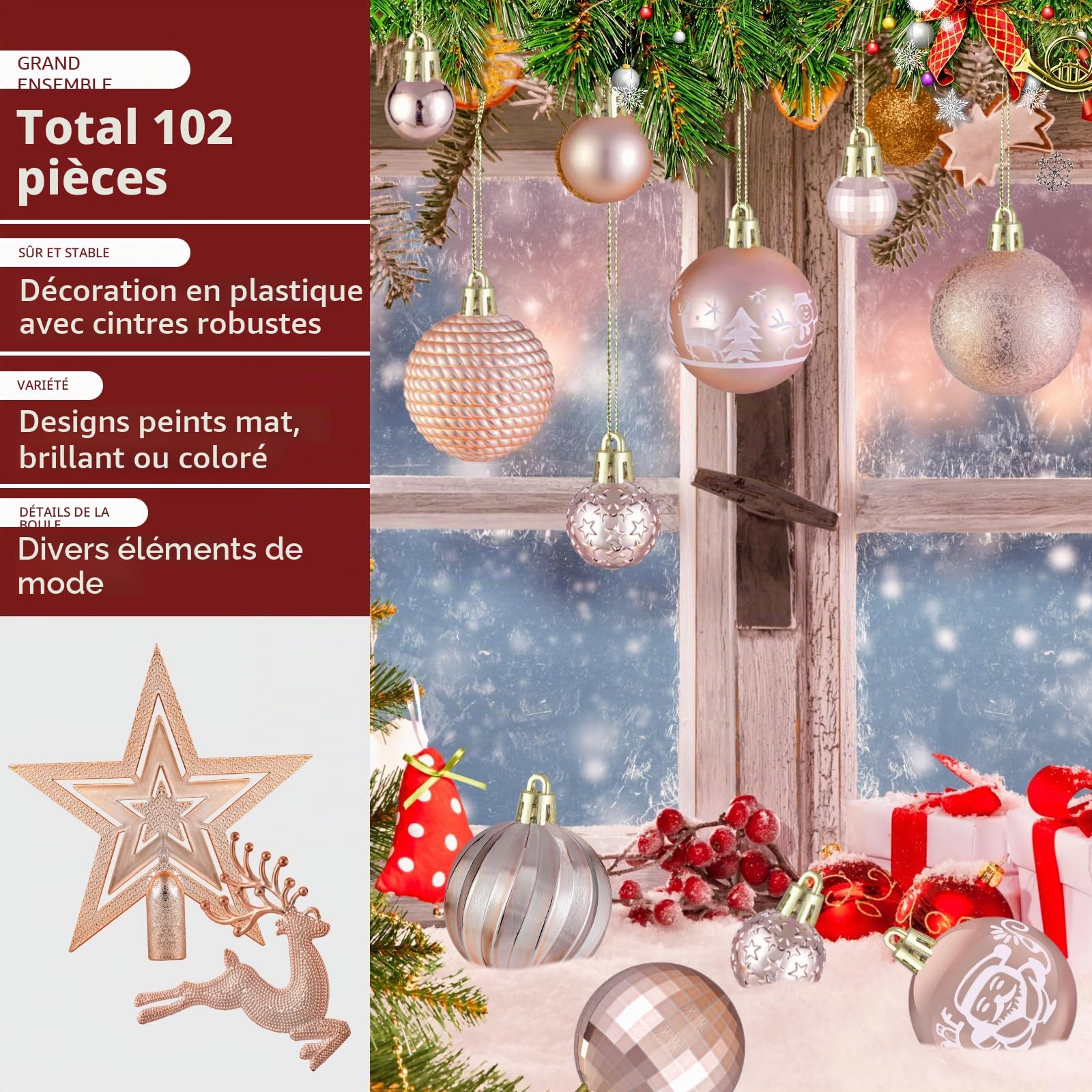 102 Pièces Boules de Noel Rose Gold, Decoration Noel Sapin,Christmas Tree Decoration,Kit Decoration Noel avec Grosse Petite Boule de Noel Boîte à Boules de Noël en Plastique