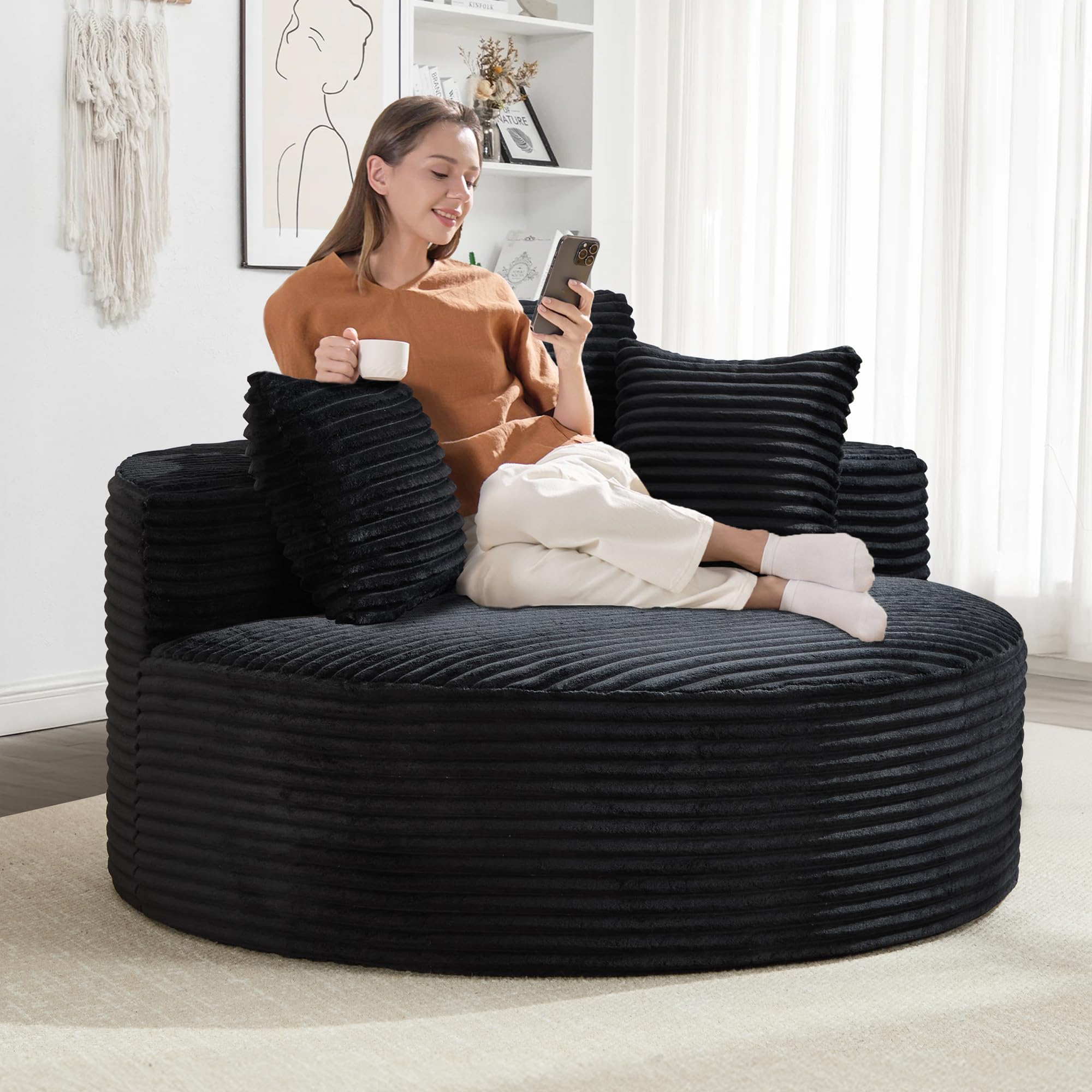 55.5" Oversized Round Chaise Lounge Indoor, Upholstered Corduroy Sofa Bed with Deep Seat, Single Circle Sofa Chair for Living Room, No Assembly Required.(Not a Swivel Chair) (Black)