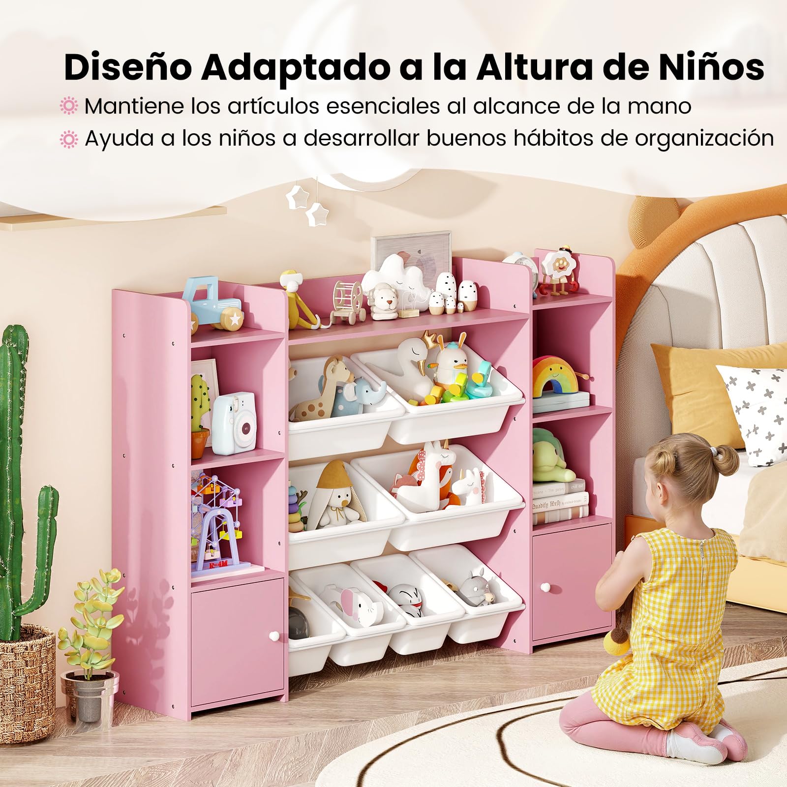 GOPLUS Mueble Almacenaje Juguetes, Estantería Infantil de 4 Niveles con 6 Compartimentos y 8 Cajas Extraíbles, Organizador Juguetes para Salón, Dormitorio 142 x 30 x 100 cm(Blanco) (Rosa)