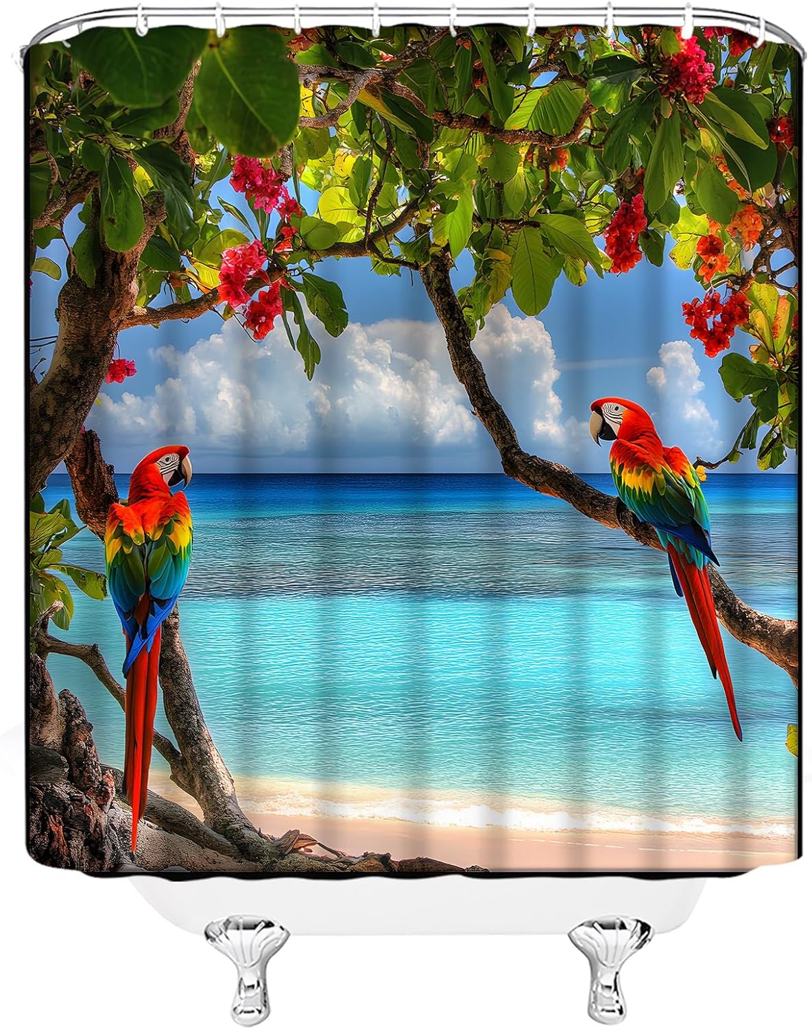 Parrot Shower Curtain Summer Palm Tree Tropical Bird Ocean Beach Blue Sky Nature LandscapePolyester Fabric Bathroom Decor Set with Hooks(84" Wx70 H)