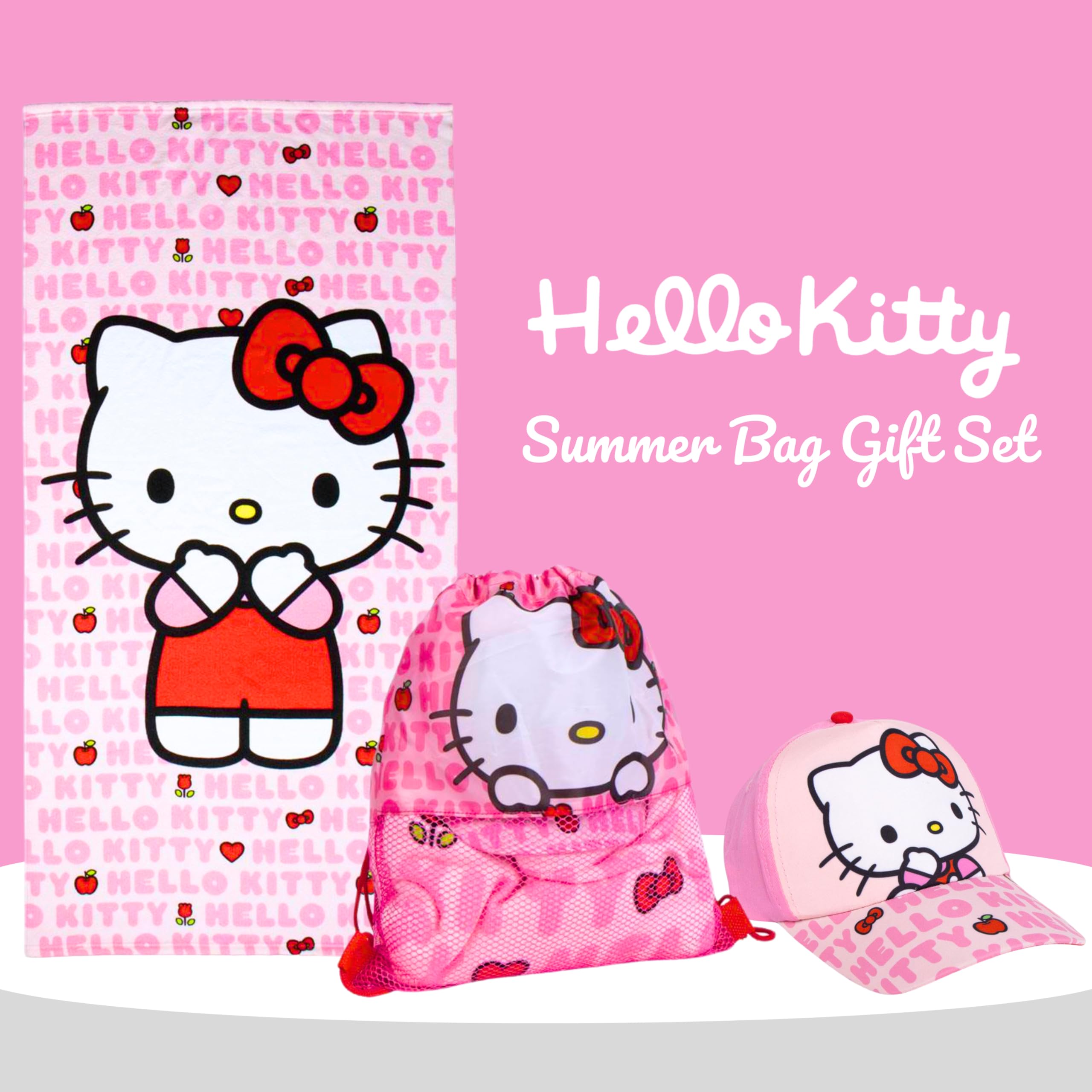 Hello Kitty Gorra de Beisbol Toalla y Mochila Saco Cordón, Set 3 Piezas Infantil, Regalo de Verano Playa Piscina Excursiones para Niñas