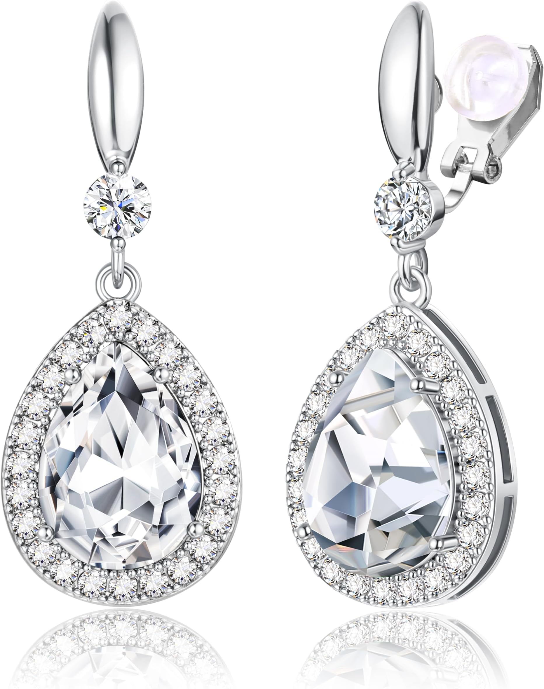 THUNARAZElegant Clip on Earrings for Women Sparkling Teardrop Dangle Clip Earrings Non-Pierced Rhinestone Cubic Zirconia Wedding Prom Jewelry 14K Gold and Silver Tone