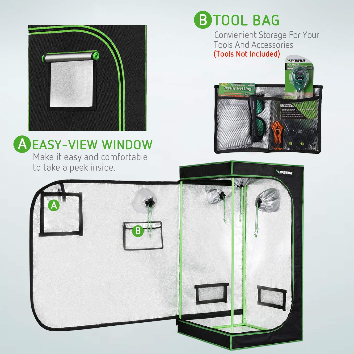 VIVOSUN 24"x24"x36" Mylar Hydroponic Grow Tent with Observation Window and Floor Tray for Indoor Plant Growing 2'x2'