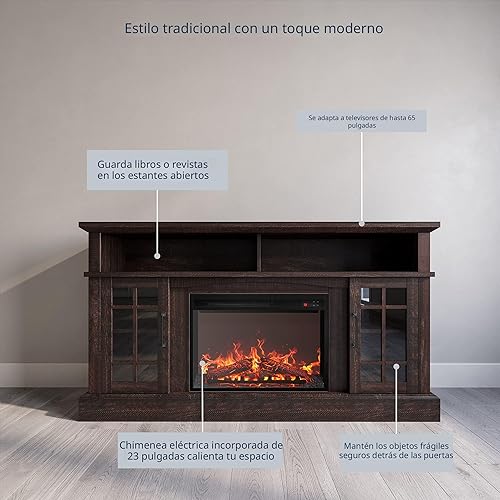 Miniatura 4 de BELLEZE Soporte de TV rústico tradicional de 58 pulgadas con calentador eléctrico de chimenea de 23 pulgadas con sonido, mesa consola central de
