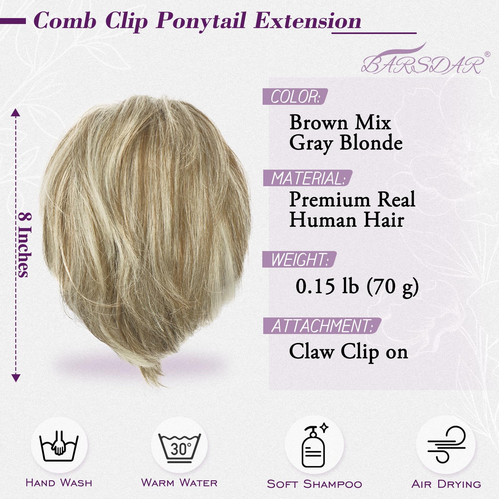 BARSDAR Claw Clip Kurze Echthaar Pferdeschwanz Extension, 20 cm DIY Styles Echt Echthaar Messy Dutt Haarteile für Frauen Biegsam Metall Dicke Kurze Natürliche Pferdeschwanz,Braun Mix Grau Blond