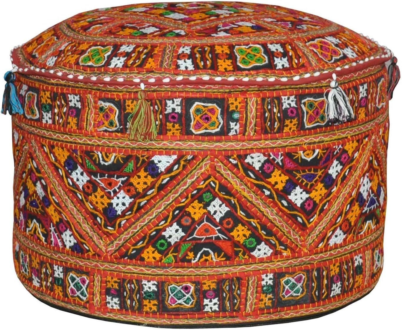 Round Patch Work Embroidered Ottoman Pouf, Indian Round Ottoman Stool Pouf Pillow Patterned Cocktail Vintage Hassock Pouffe, Cotton Handmade Ottoman Pouf, Traditional Ethnic Patchwork Pouf, 14x 22 Inch by Online Big bazar