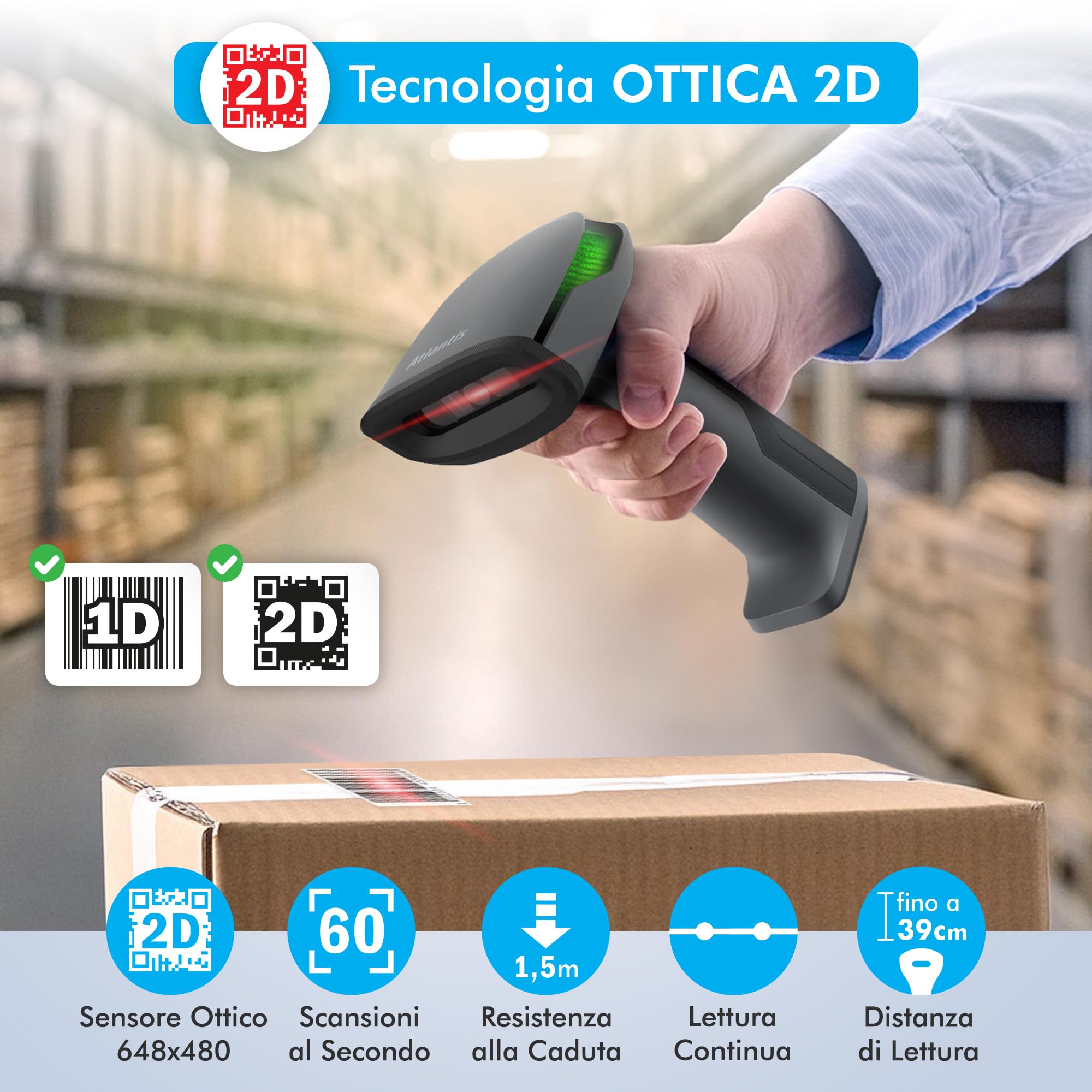 Atlantis A08-LD230P-2D-W Lettore Codici a Barre Barcode reader scanner Wireless 1D e 2D Ottico Prof (640x480), 60 fps, legge da smartphone e display, codice farmaceutico, collegamento USB,guida rapida