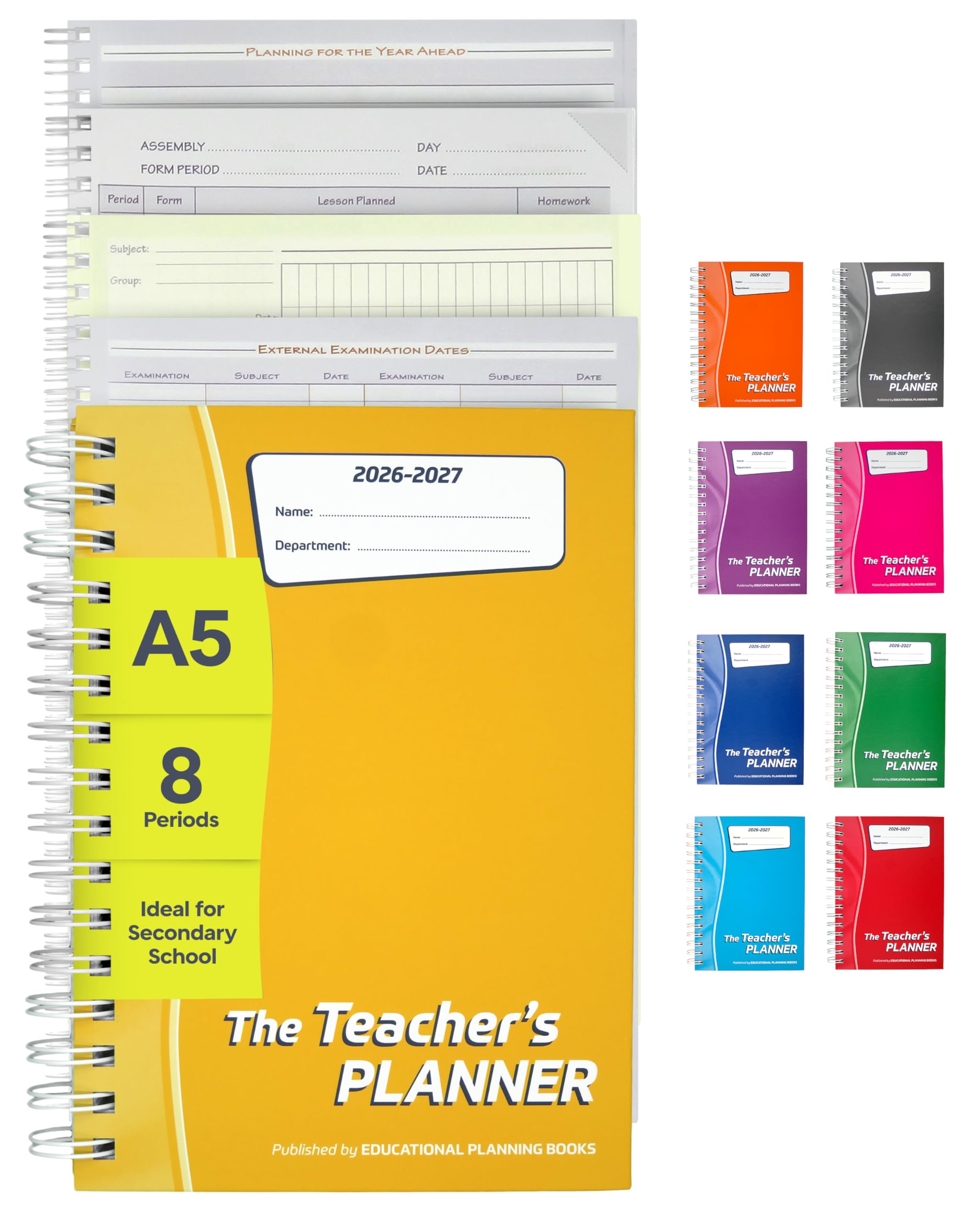 Educational Planning Books - The Teachers Planner 2026-2027 for Secondary School – A5 – Eight Period Day – Page-a-Day & Undated, with Dedicated Pages for Year Planning, Exams, Marking and more (TP7-Y)