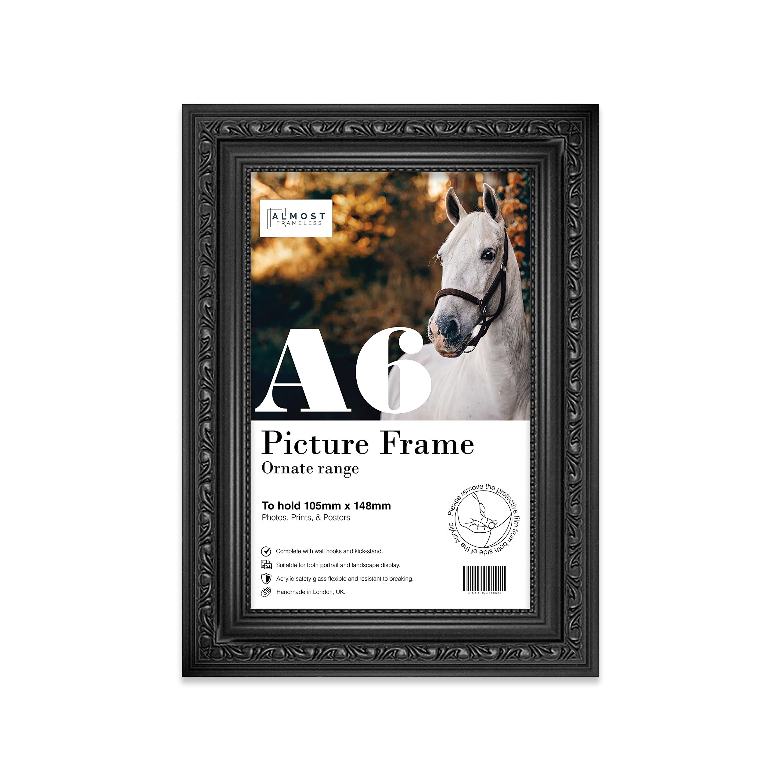 Almost Frameless A6 Black Ornate Picture Frame 4.1"x5.8"(10.5x14.8cm) Poster, Photo, Artwork, or Print. Antique Style Portrait and Landscape Display with Wall Hooks