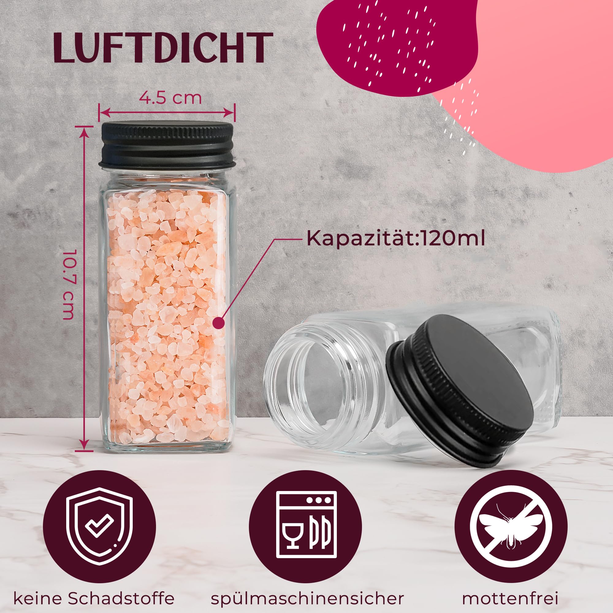 Gewürzgläser Set [24 x 120ml] mit 301 Etiketten auf Deutsch | Matte Deckel in Schwarz | Gewürzbehälter mit Metalldeckeln & Streueinsatz. Gewürzgläser Eckig, 24er Set