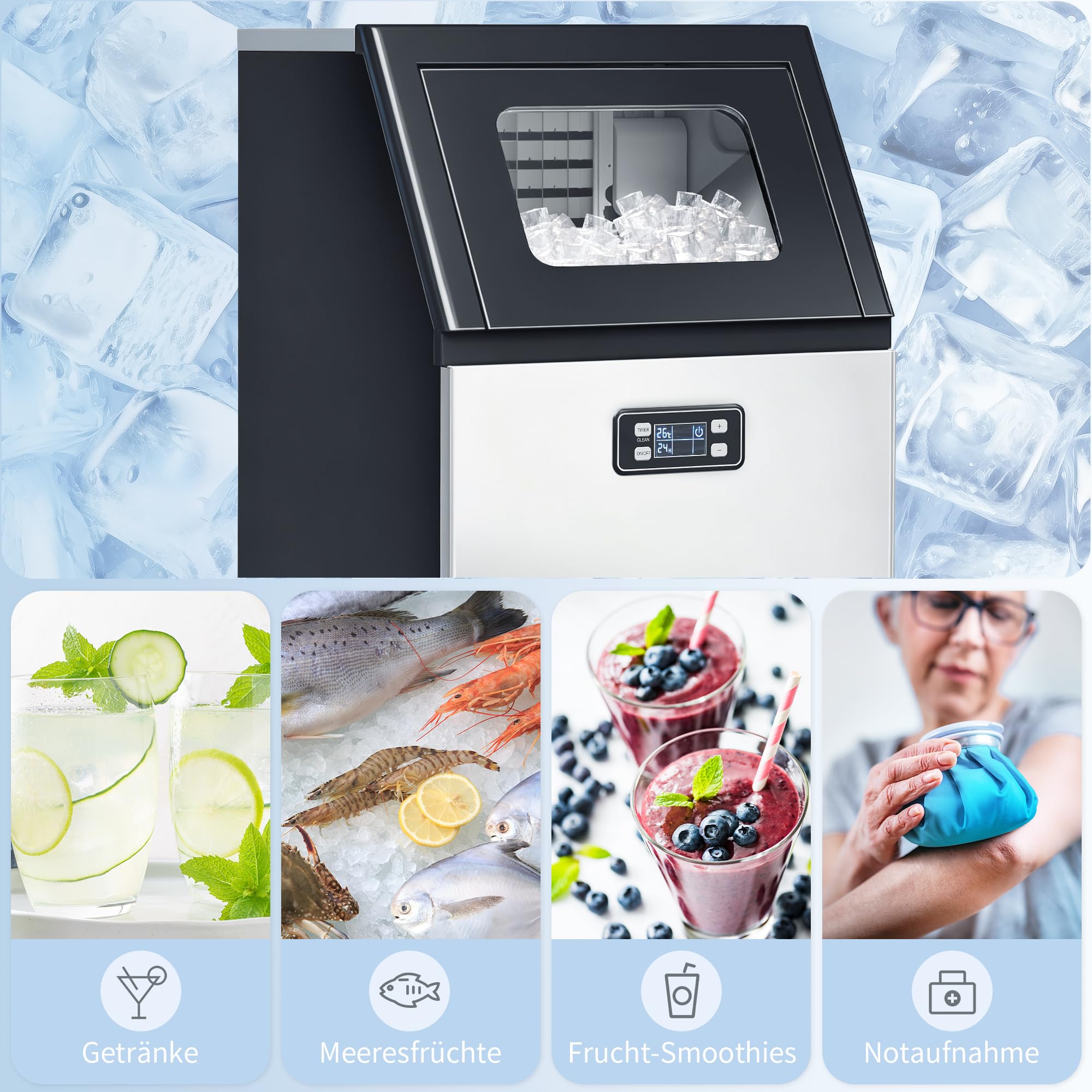 HOMCOM Kommerzielle Eiswürfelmaschine 45kg/24H mit LCD-Anzeige, 11 kg Speicher, Timer und Selbstreinigung, Freistehende Edelstahl Eismaschine Eiswürfelbereiter für Bar Café