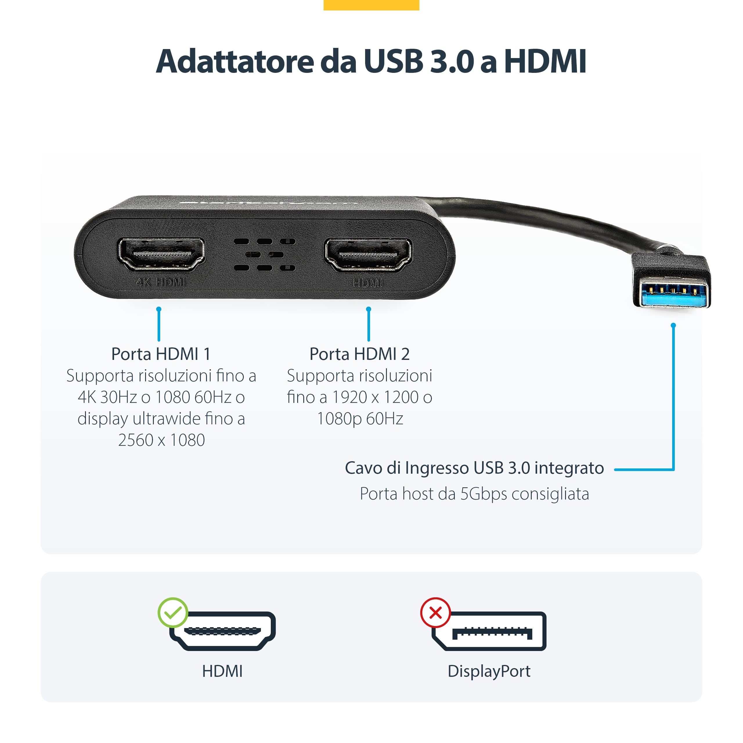 StarTech Adattatore USB-A 3.0 a Dual HDMI per Windows, Convertitore USB a 2x HDMI, 4K 30Hz + 1080p 60Hz, Estensione o Mirroring schermo doppio