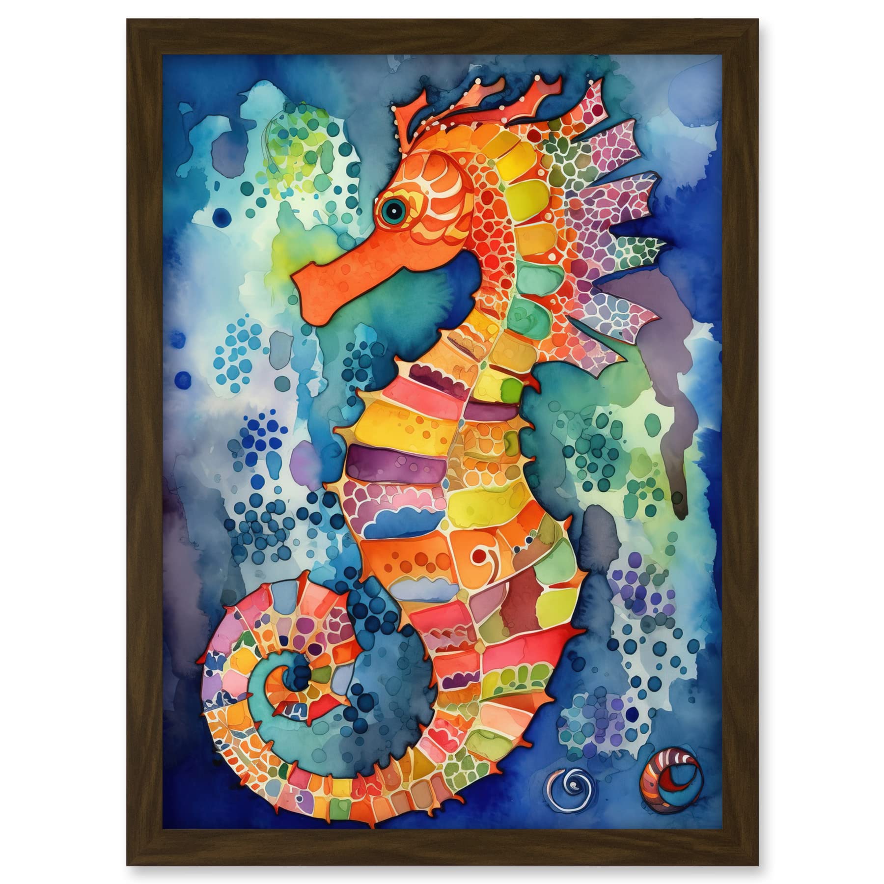 Artery8 Vibrant Colour Pattern Seahorse Folk Art Artwork Framed A3 Wall Art Print
