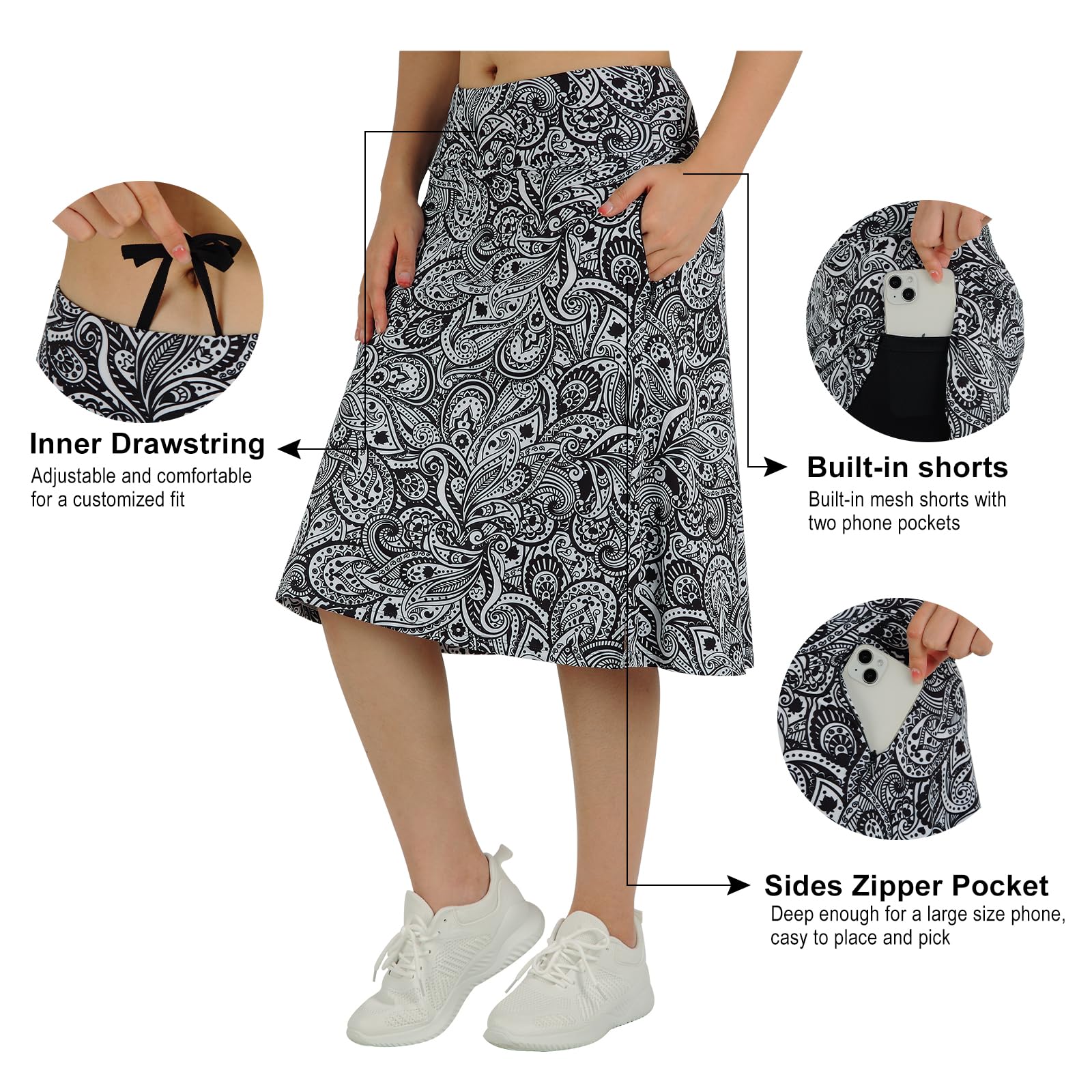 Jupe mi-longue pour femme avec poches, jupe midi avec short intégré, jupe de golf, de tennis pour un style décontracté