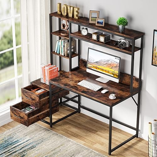 Miniatura 3 de Tribesigns Escritorio para computadora de 55 pulgadas con 2 cajones y estantes de almacenamiento, escritorio de oficina rústico con hutch, mesa de
